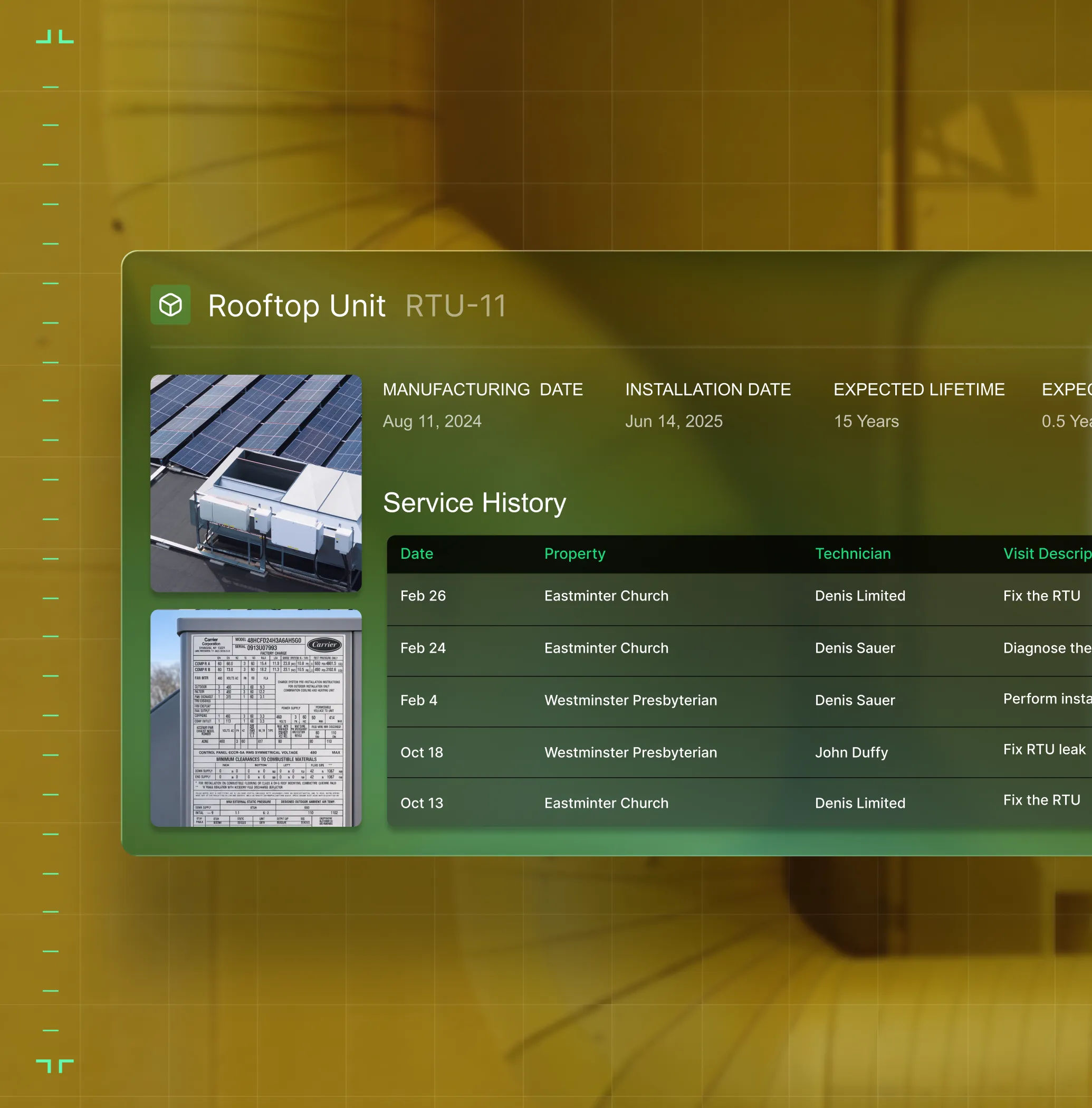 Dashboard interface showing rooftop unit RTU-11 details including manufacturing date Aug 11, 2024, installation date Jun 14, 2025, expected lifetime 15 years, and service history with dates, properties, technicians, and visit descriptions.