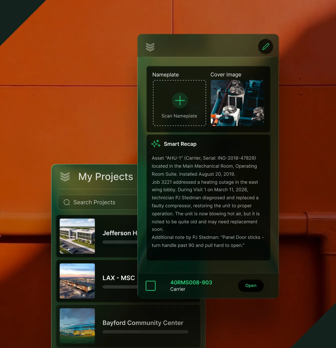 User interface of a project management app showing 'My Projects' list with building images and a detailed Smart Recap about HVAC unit maintenance and technician notes.