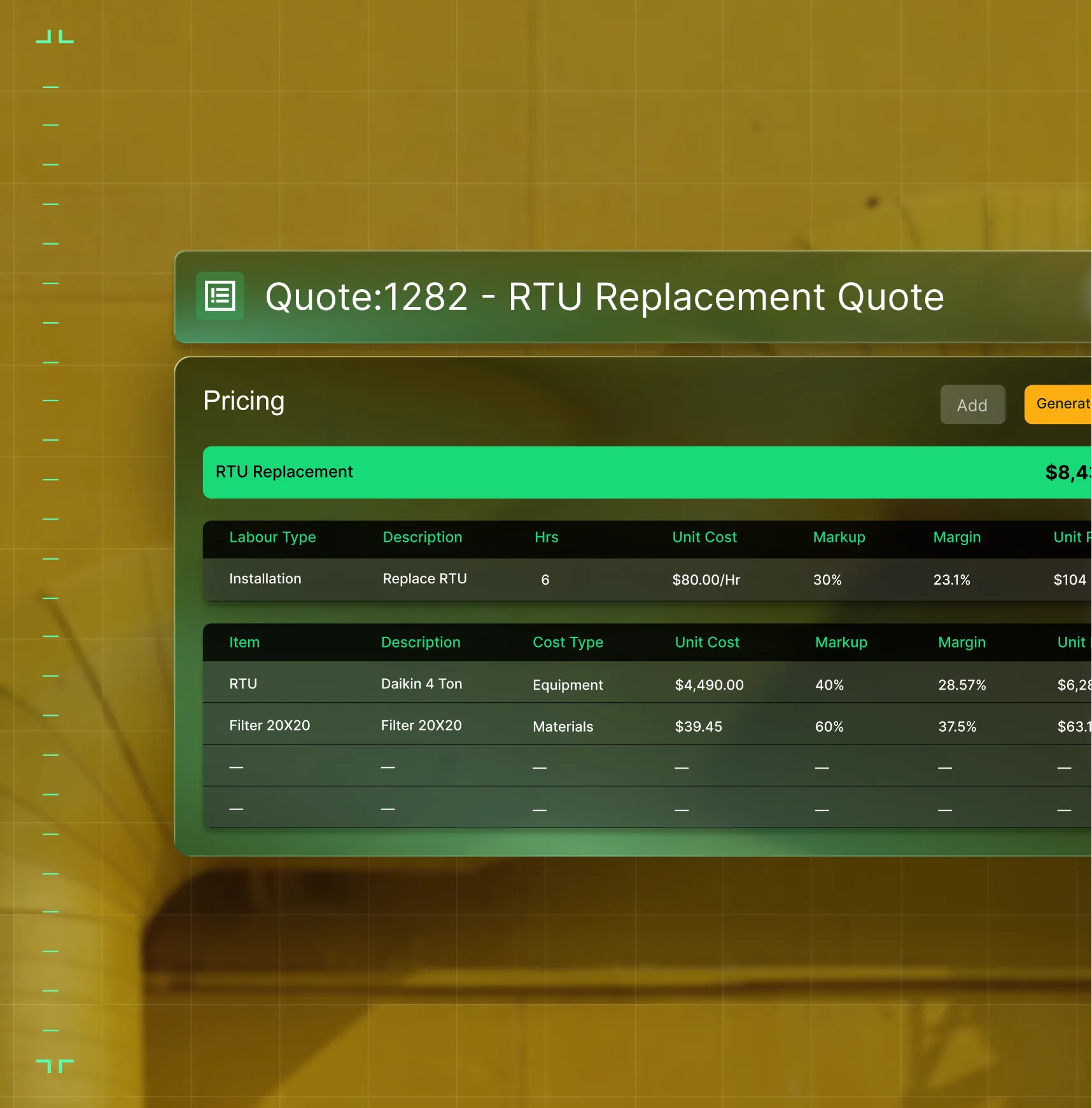 Quote 1282 for RTU replacement showing pricing details including installation hours and costs.