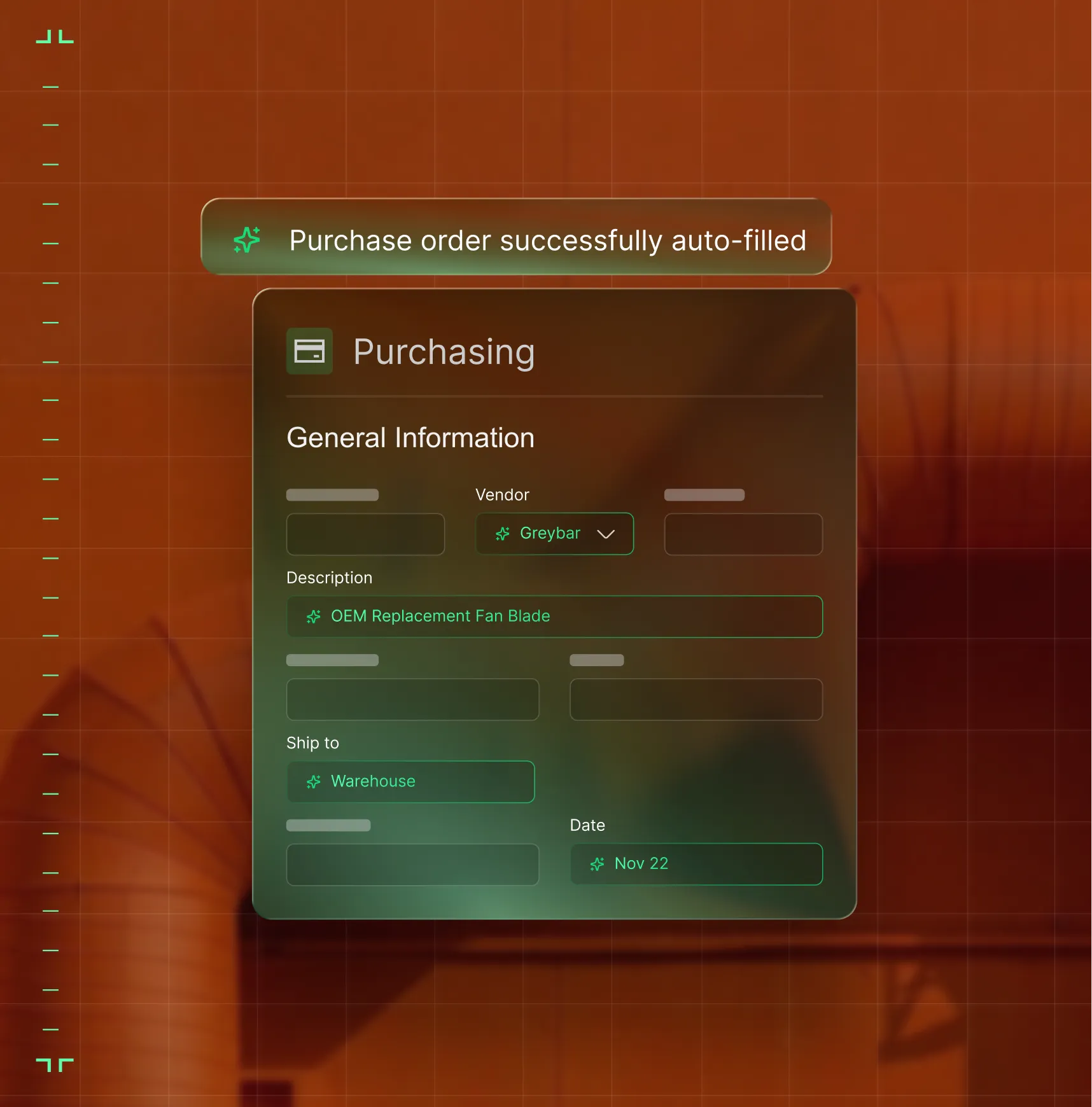 Purchase order auto-filled screen showing vendor Greybar, item OEM Replacement Fan Blade, ship to Warehouse, and date Nov 22.