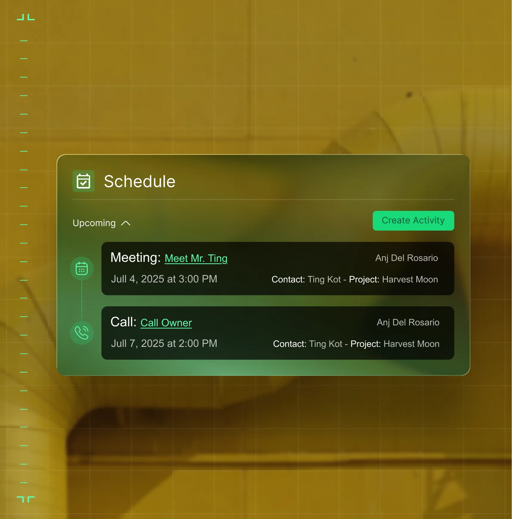 Digital schedule showing a meeting with Mr. Ting on July 4, 2025, and a call with Owner on July 7, 2025.
