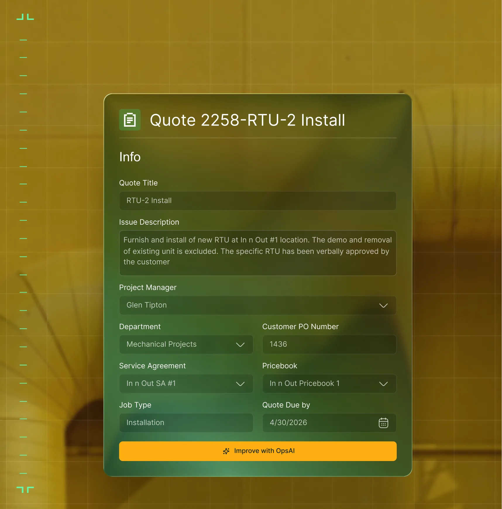 Digital quote form for RTU-2 installation with project, department, customer number, and due date details.