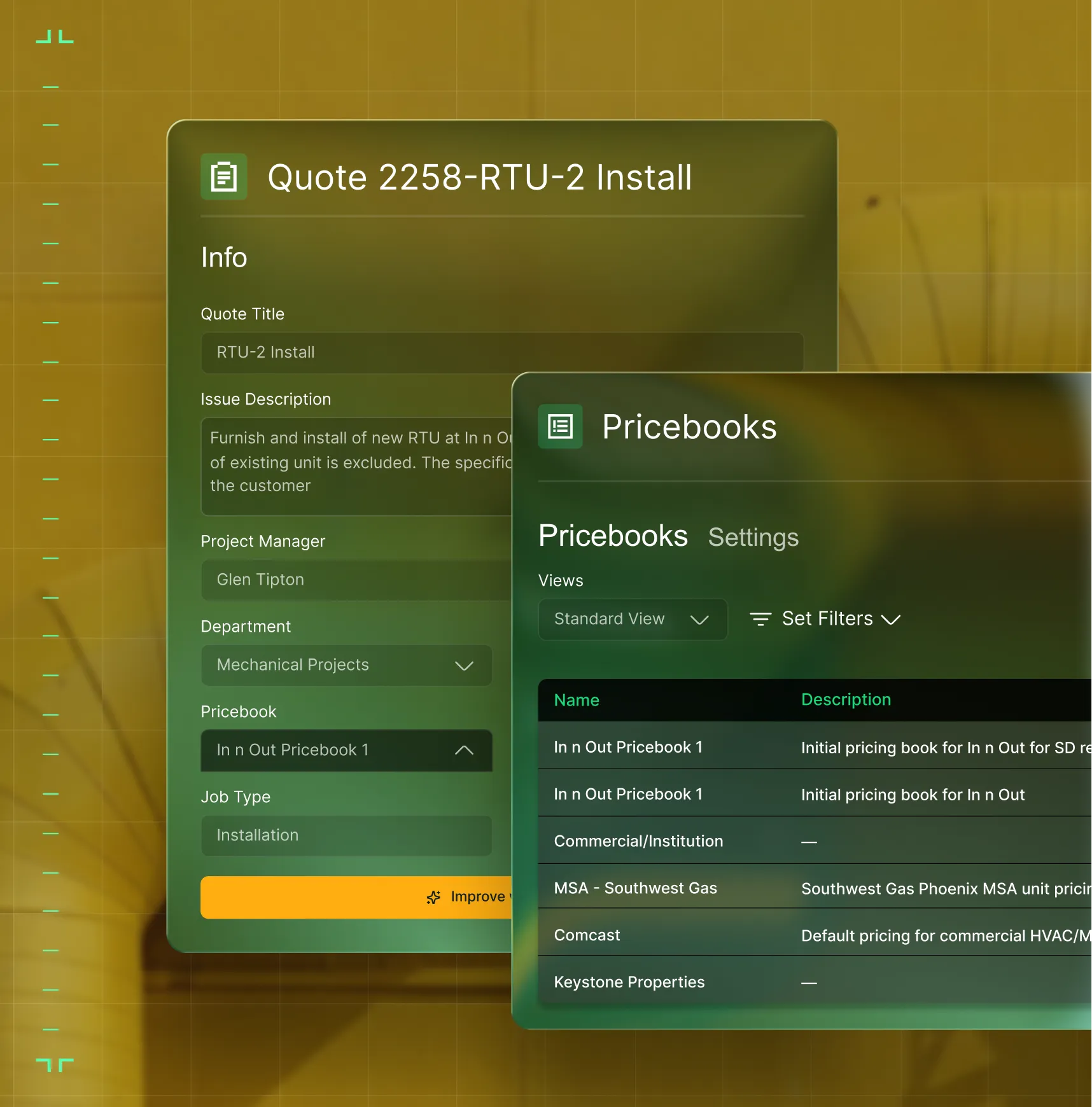 User interface showing a quote titled RTU-2 Install and a pricebooks list with various pricing categories.