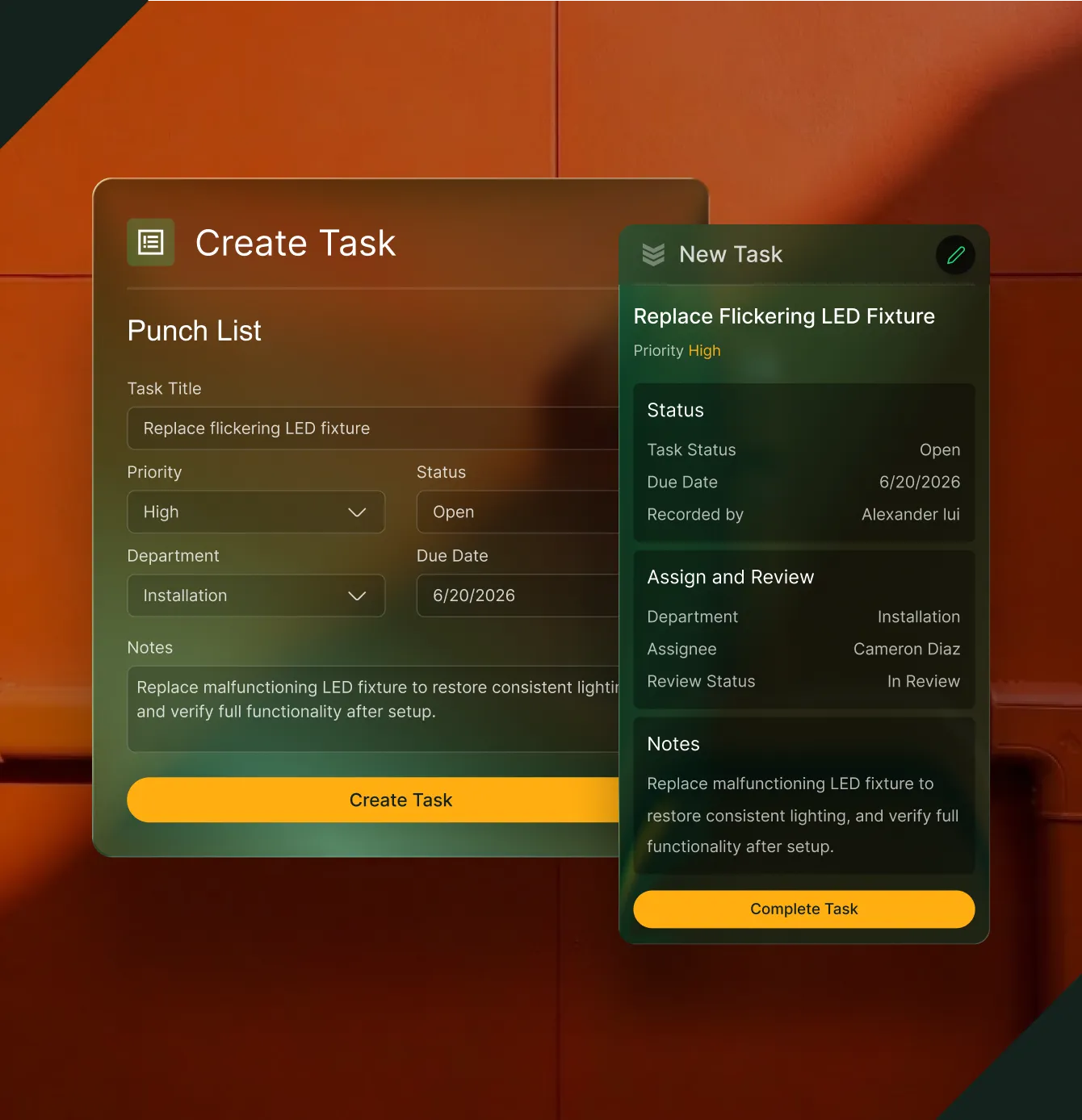 Task management interface showing creation and details of a high priority LED fixture replacement task.