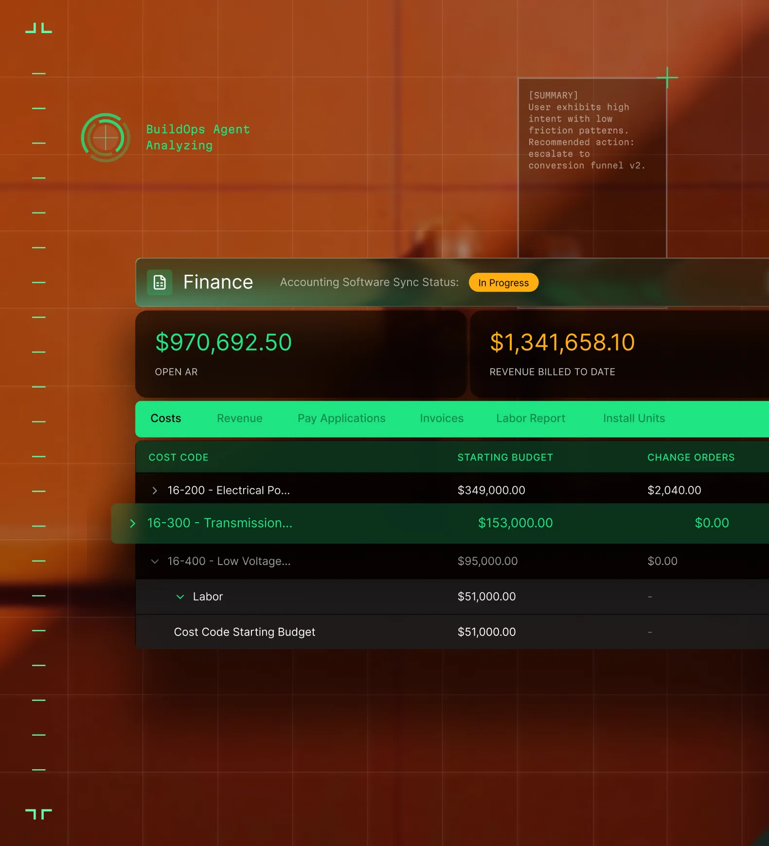 Finance dashboard showing accounting software sync in progress with open AR $970,692.50 and revenue billed $1,341,658.10.