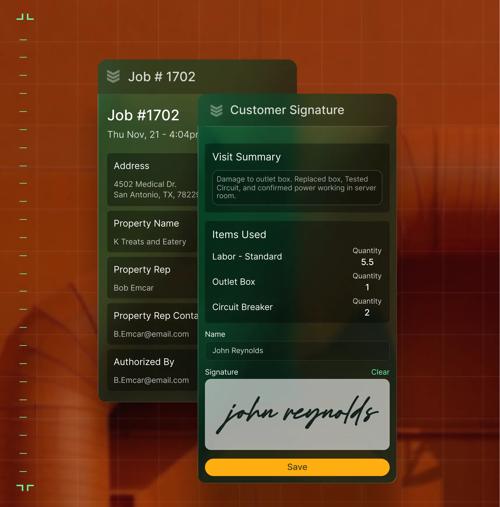 Digital job summary showing job details, visit summary, items used, and a customer signature of John Reynolds.