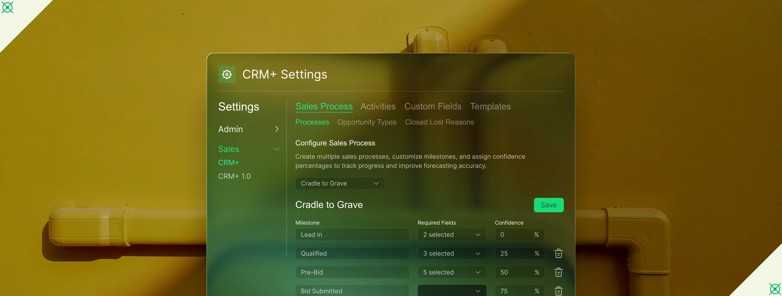 CRM+ Settings screen showing configuration options for sales processes with milestones and confidence percentages