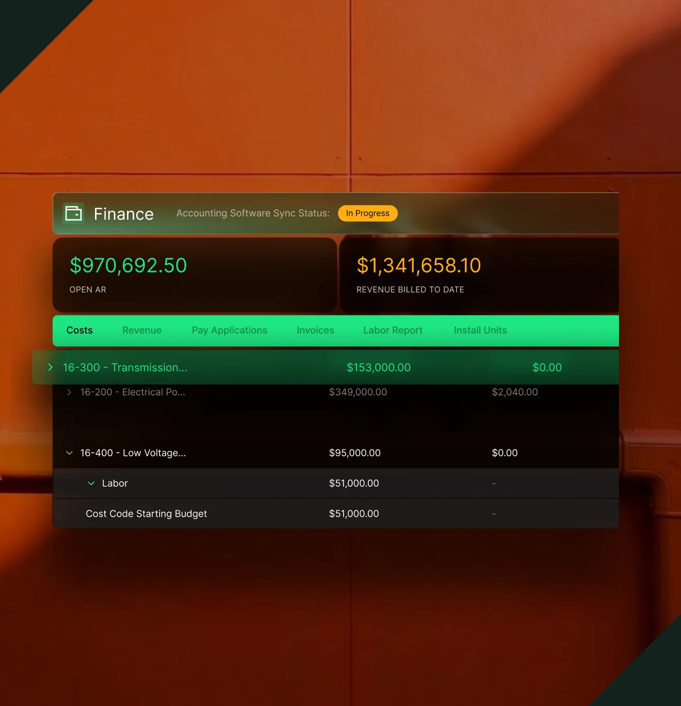 Finance dashboard showing open accounts receivable of $970,692.50 and revenue billed to date of $1,341,658.10.
