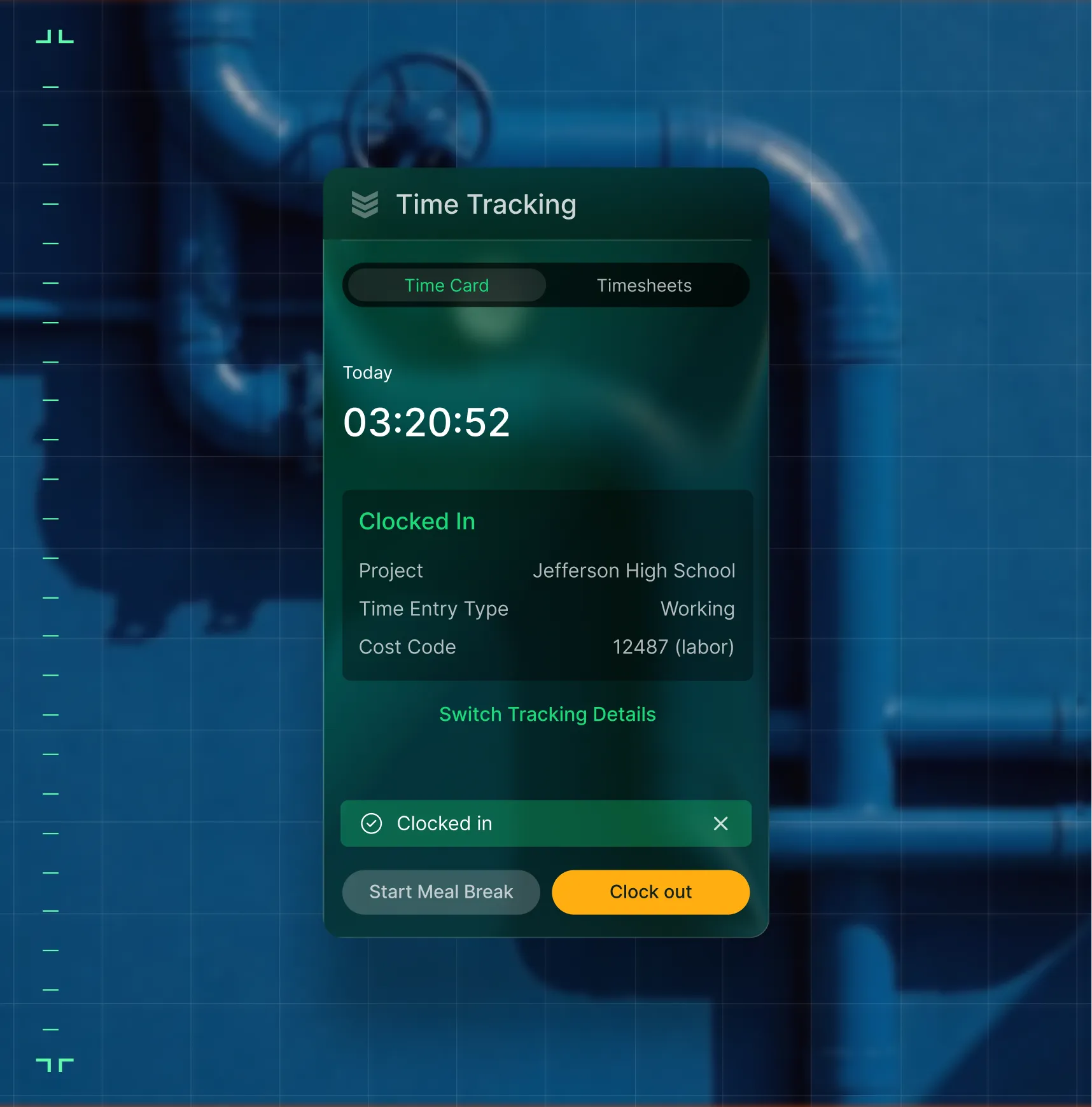Time tracking interface showing clocked in status with 3 hours 20 minutes and project Jefferson Highschool.