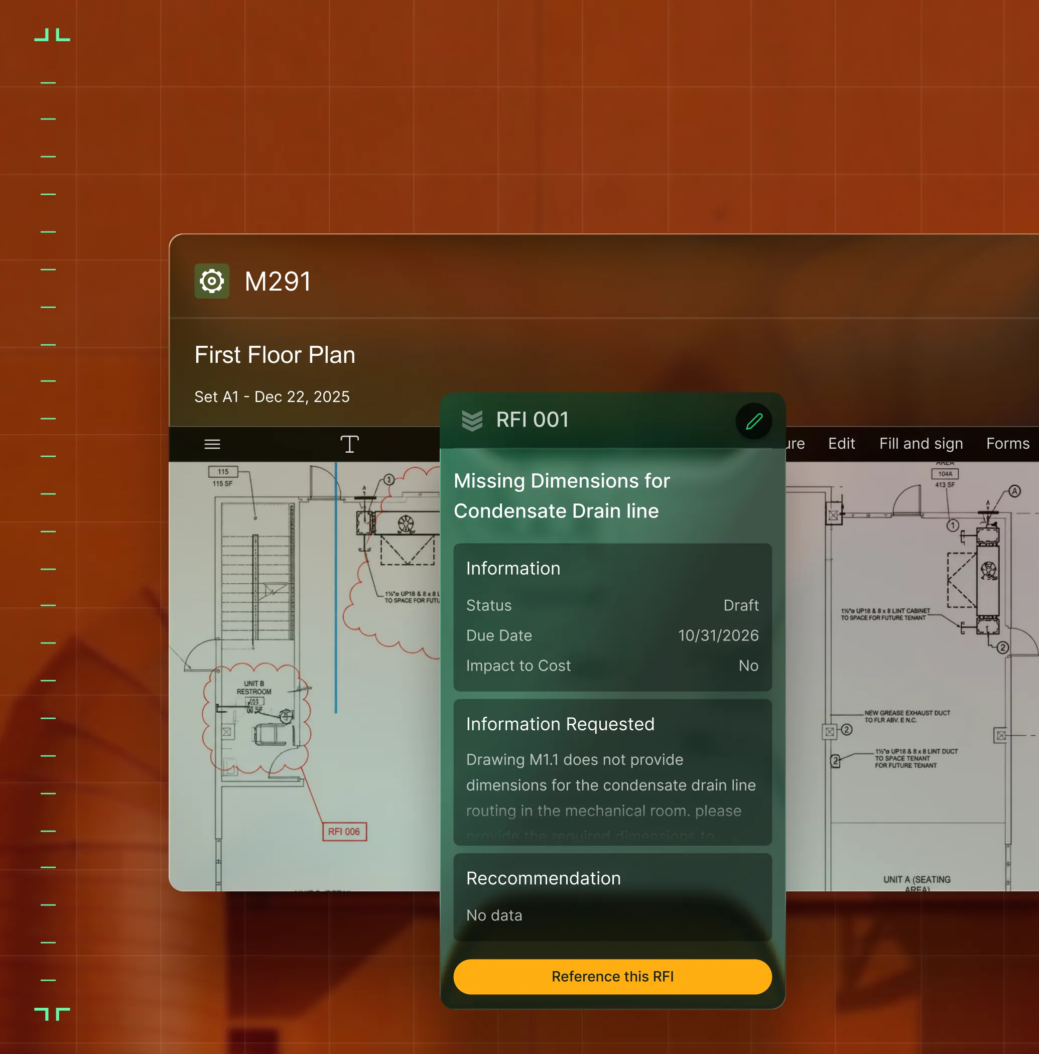 Digital interface showing first floor plan with a request for information about missing condensate drain line dimensions.