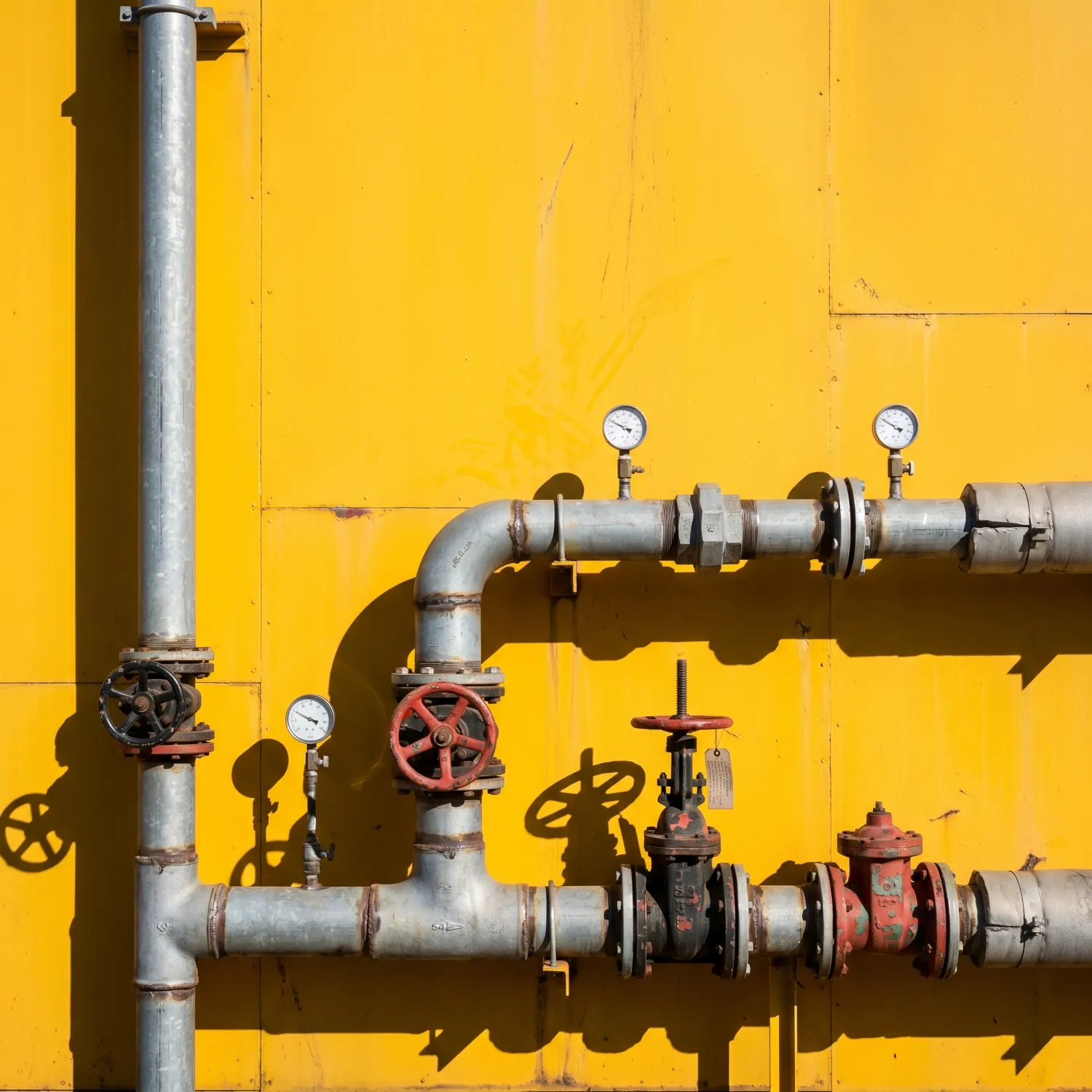 Industrial metal pipes with red valves and pressure gauges mounted on a yellow wall.