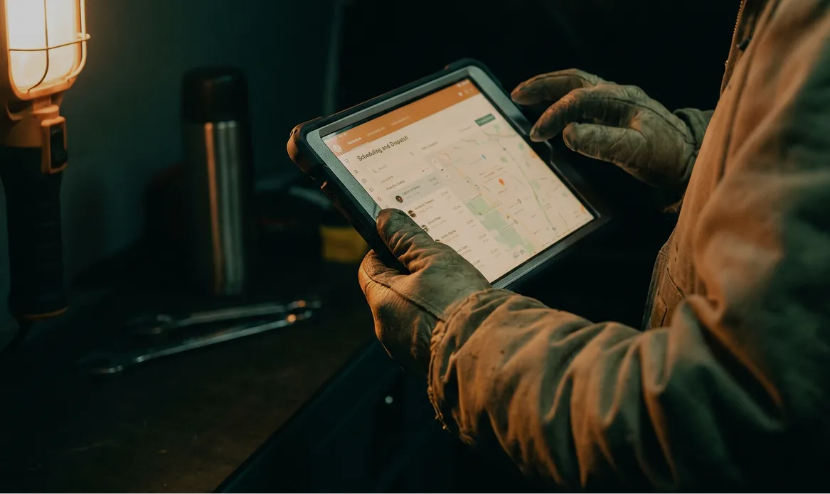 Person wearing gloves using a tablet displaying a scheduling and dispatch map in a dimly lit workspace.