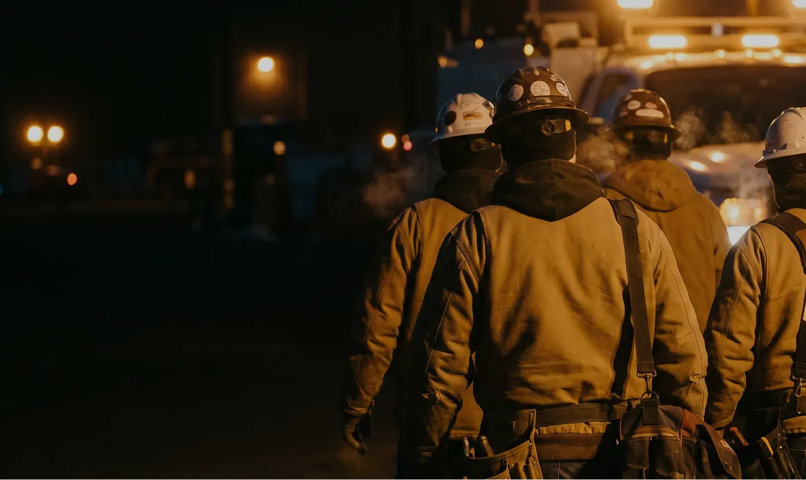 Workers in safety gear and helmets walking towards a lit work vehicle at night with visible breath in cold air.