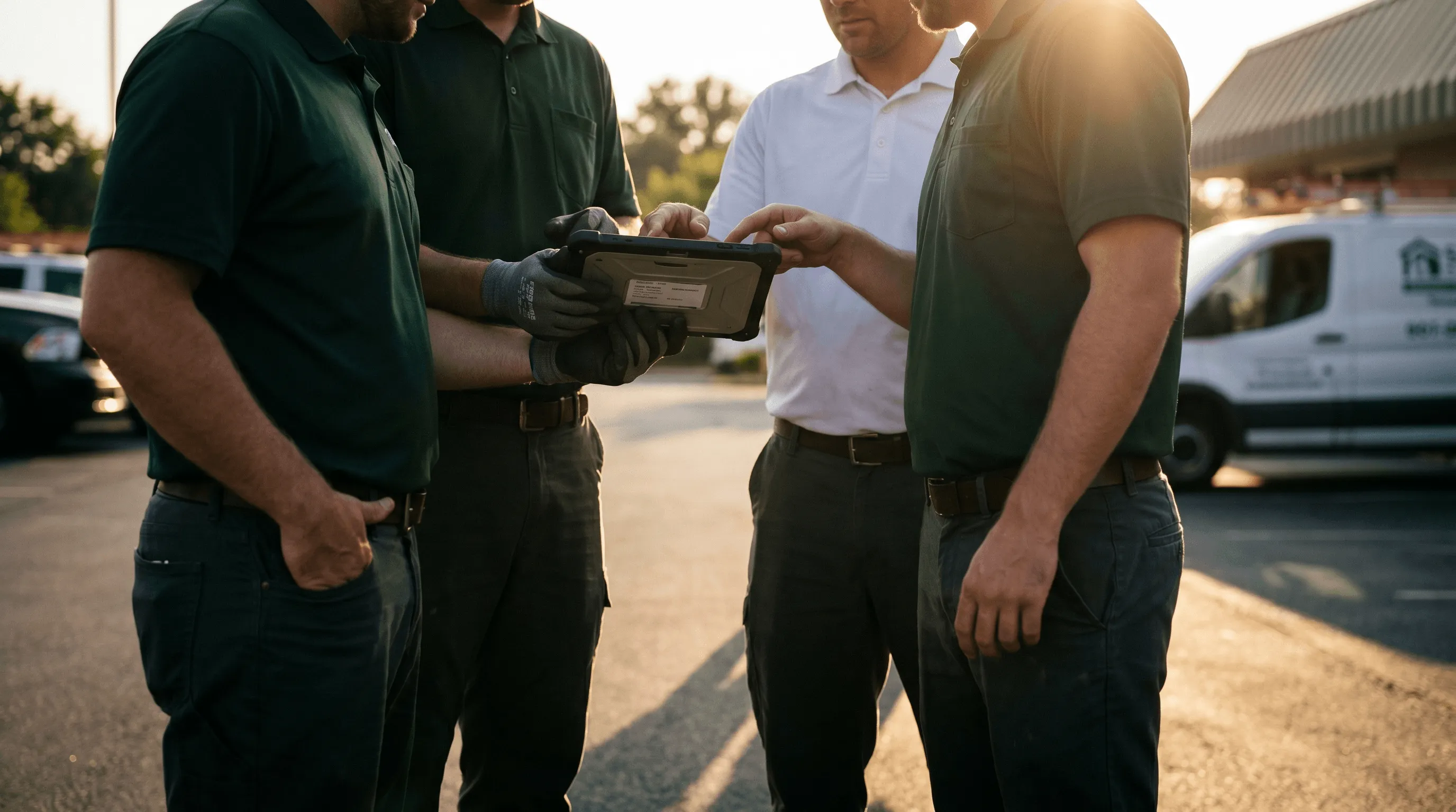 Four men in work uniforms standing outside looking at a tablet device in the sunlight.