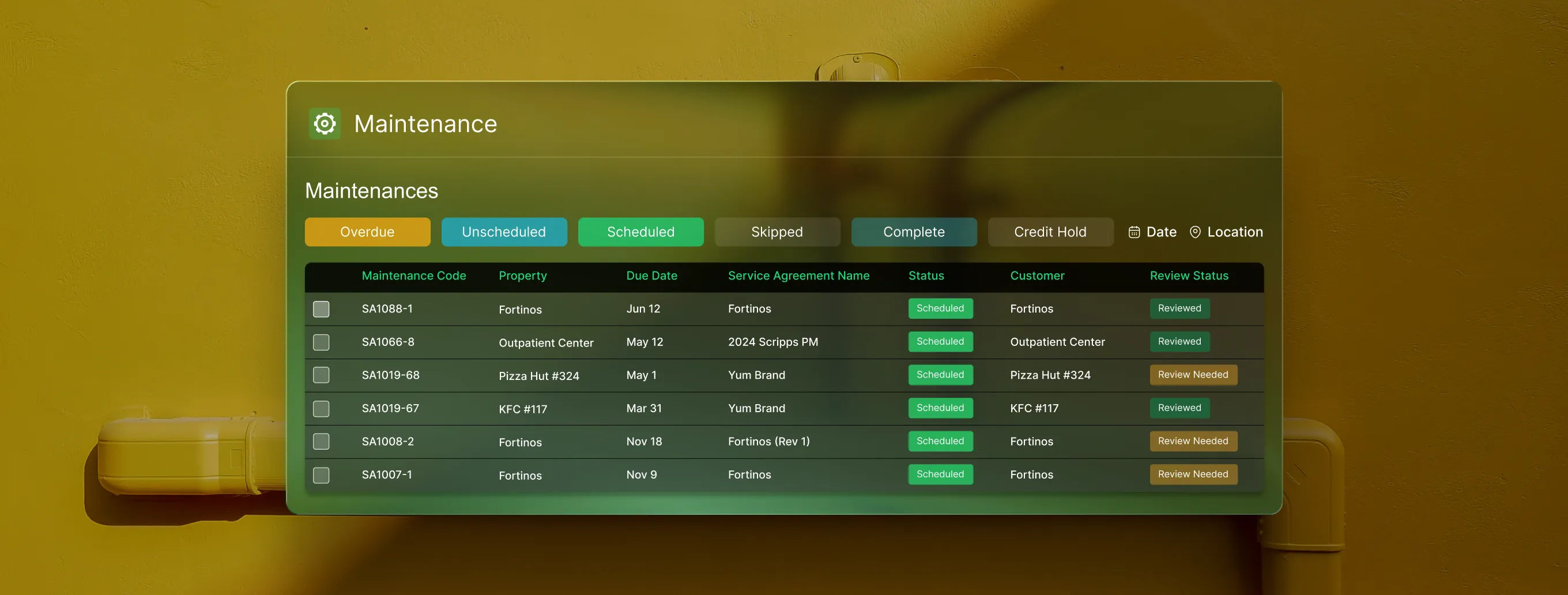 Maintenance dashboard showing scheduled service agreements, properties, due dates, and review statuses.