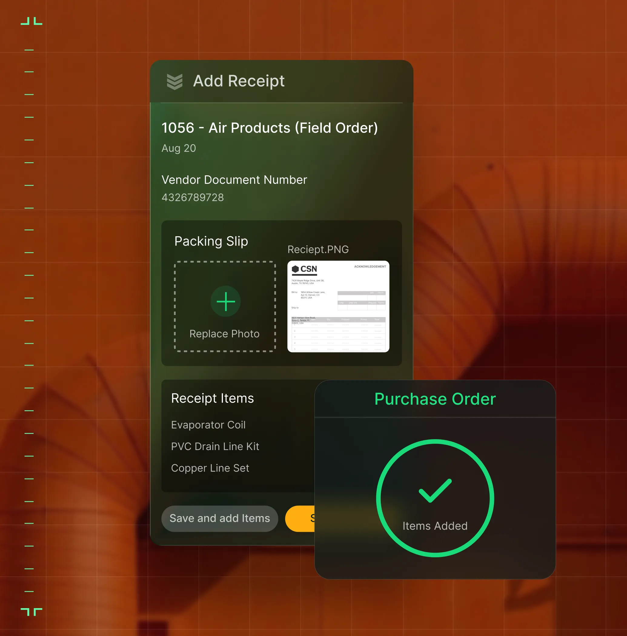 App screen showing Add Receipt form with vendor info, packing slip image, receipt items, and confirmation of added items.