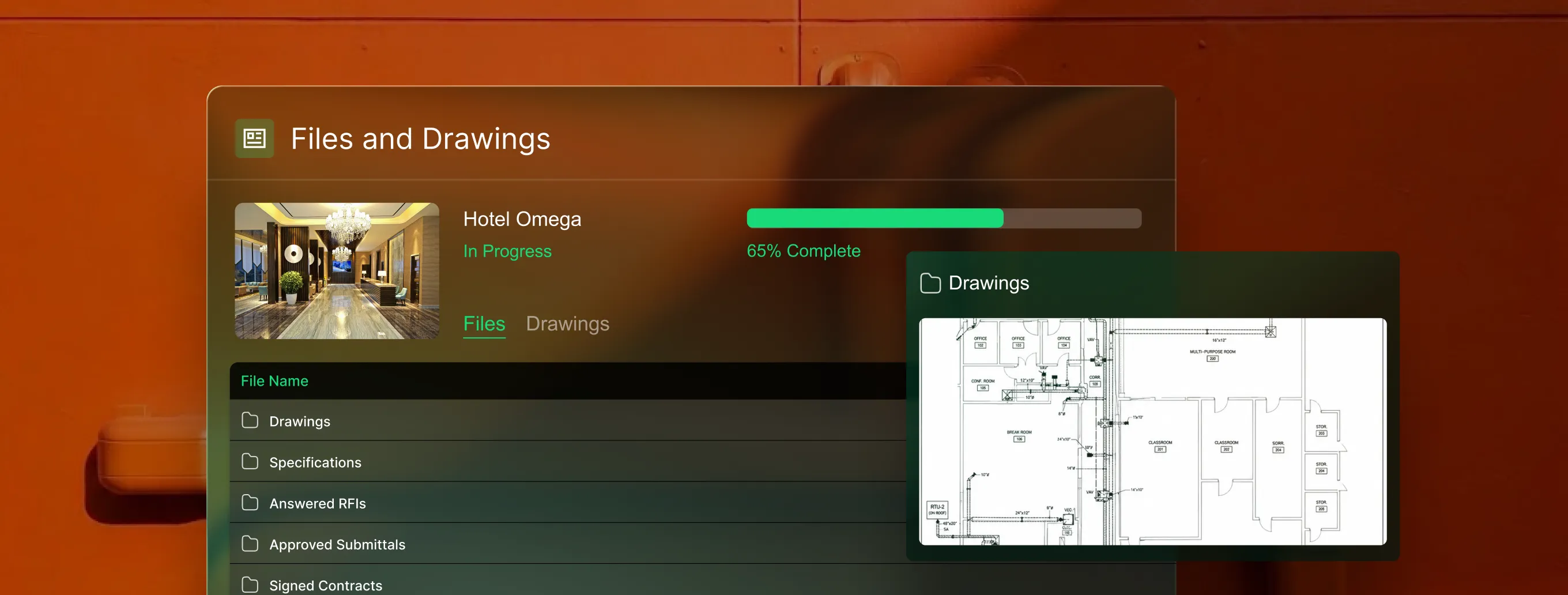 Hotel Omega project files interface showing progress, folders, and detailed building floor plan drawing.