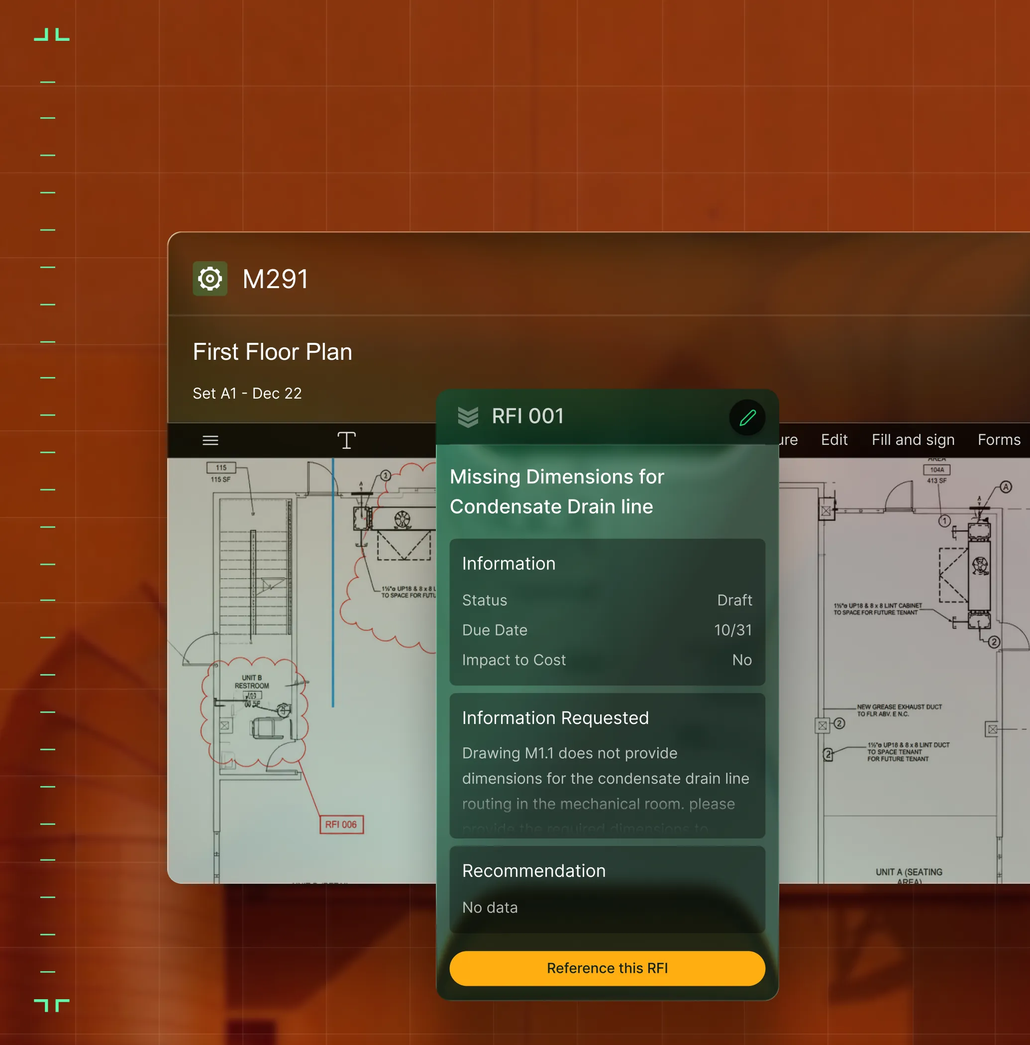 Digital plan with an RFI note about missing condensate drain line dimensions pinned to the drawing.
