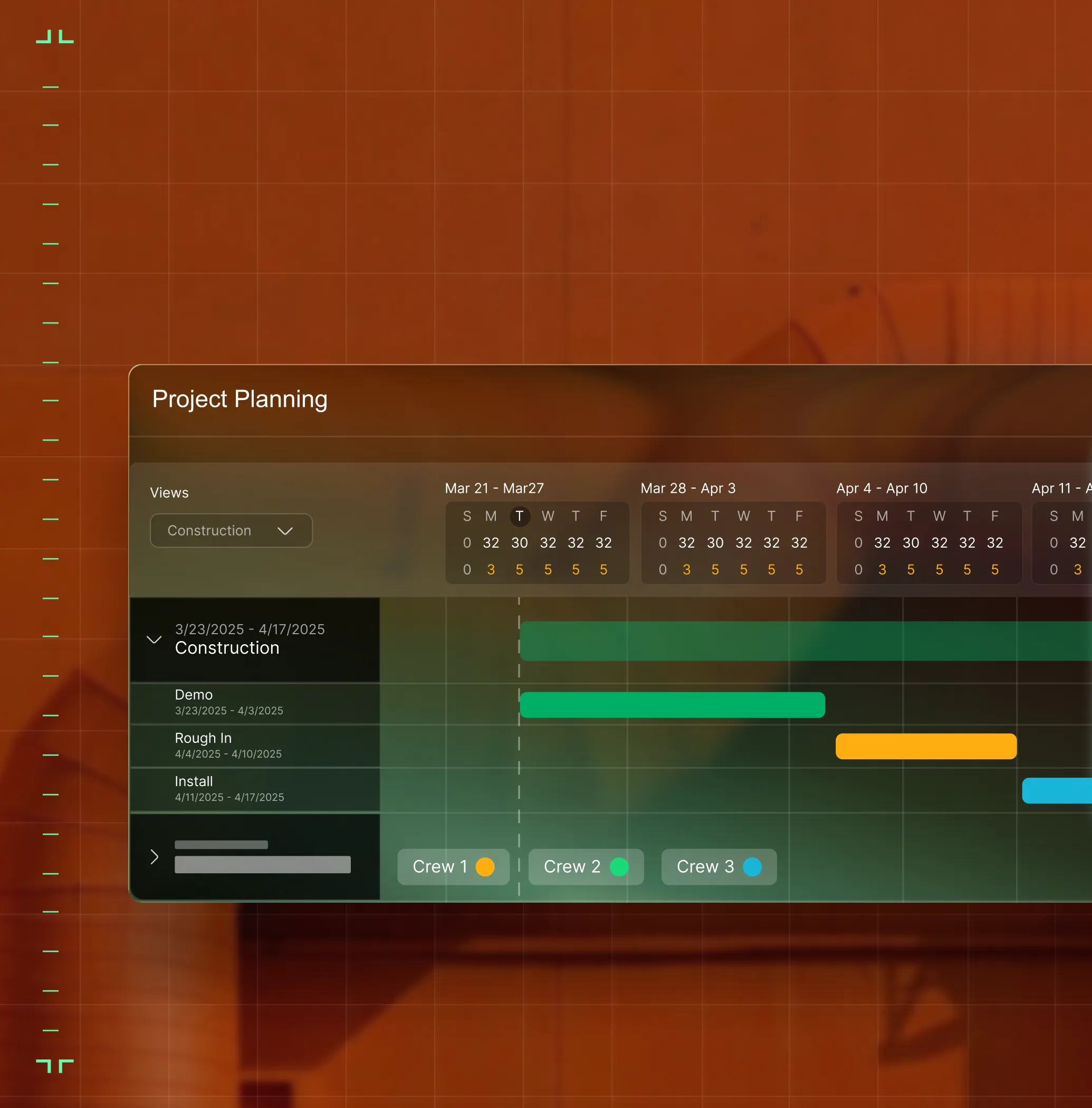 Gantt chart showing construction tasks Demo, Rough In, and Install with timelines and crew assignments.