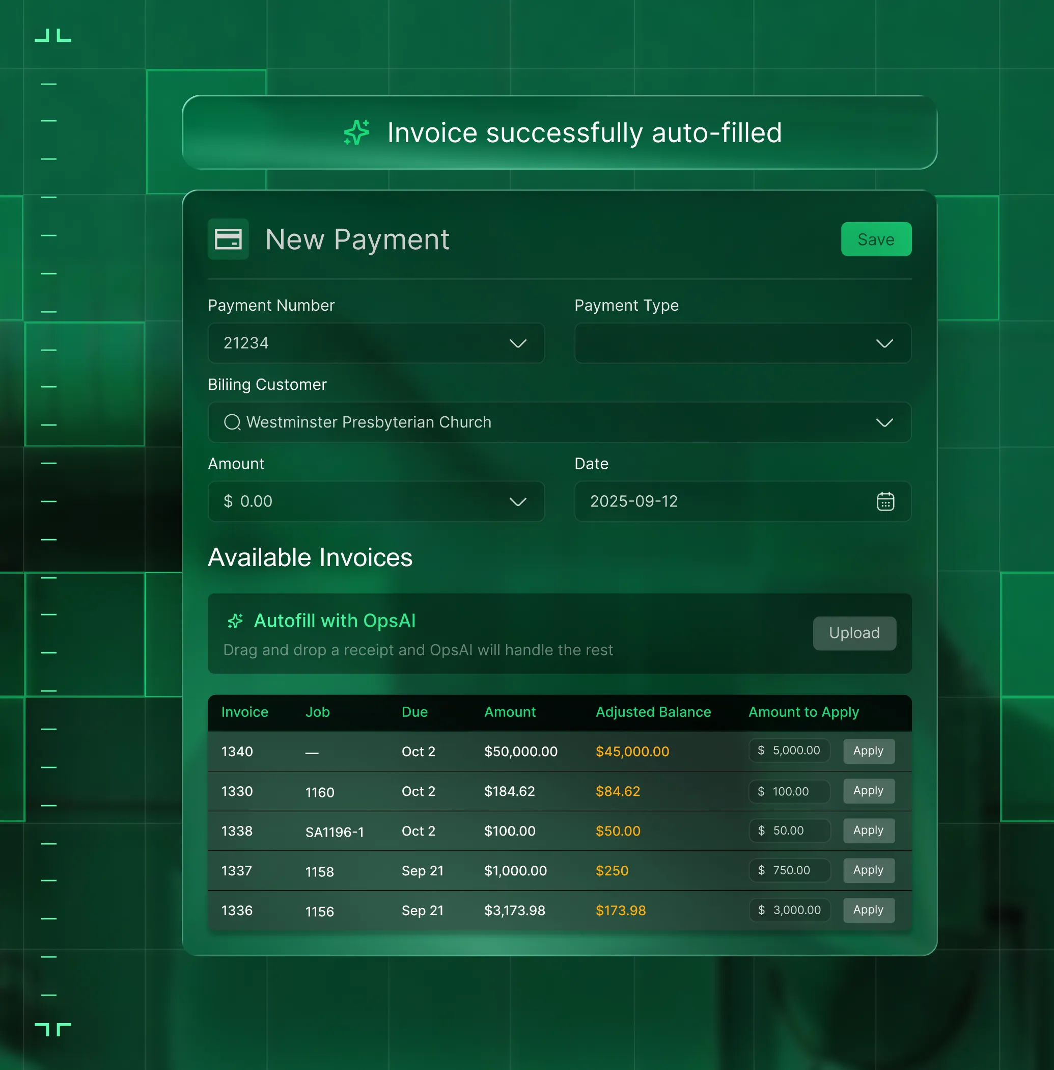 User interface showing a payment form and a list of invoices with amounts, due dates, adjusted balances, and apply options.