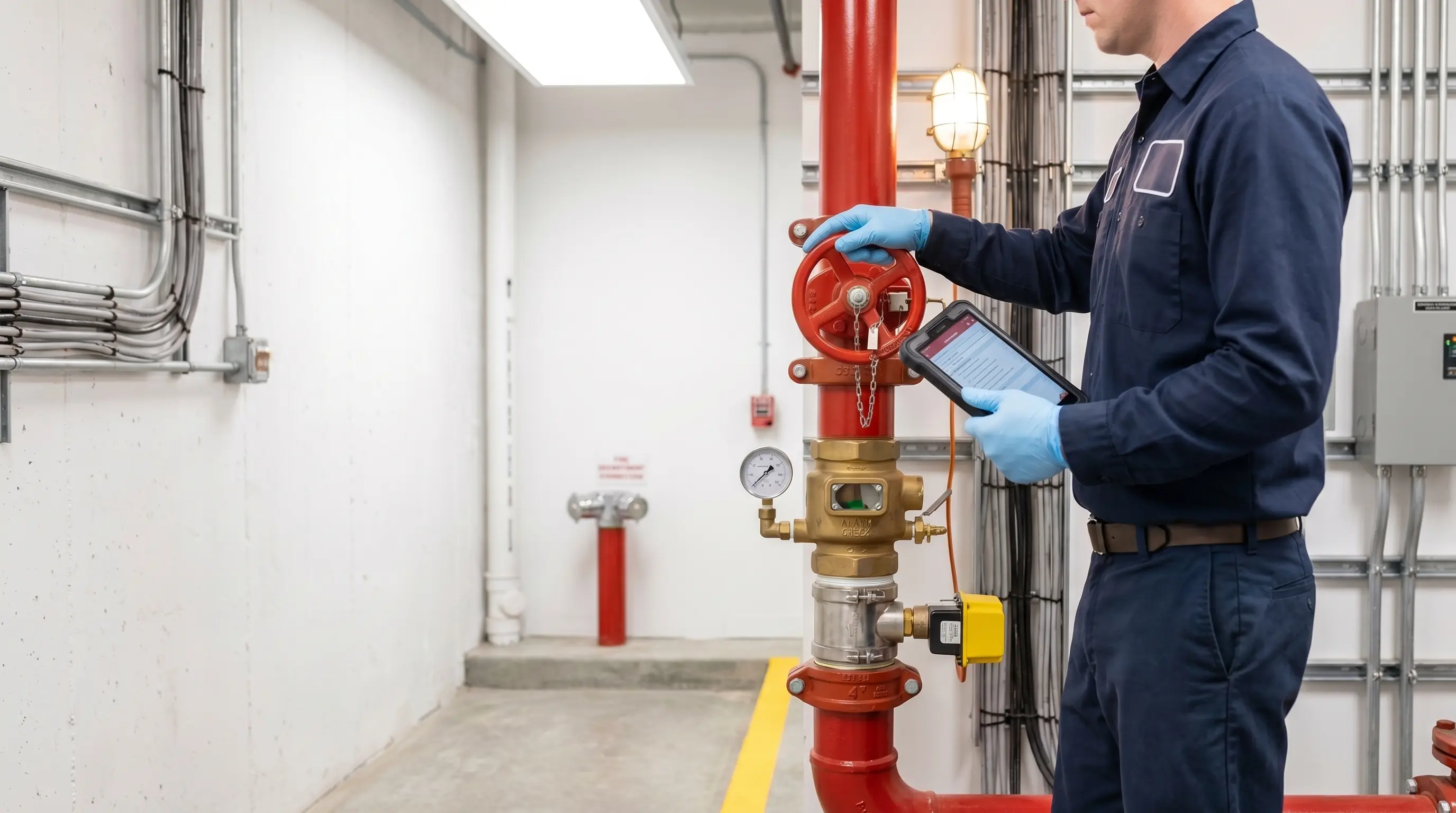 Technician in blue uniform and gloves inspecting a red fire sprinkler valve with a tablet in hand.