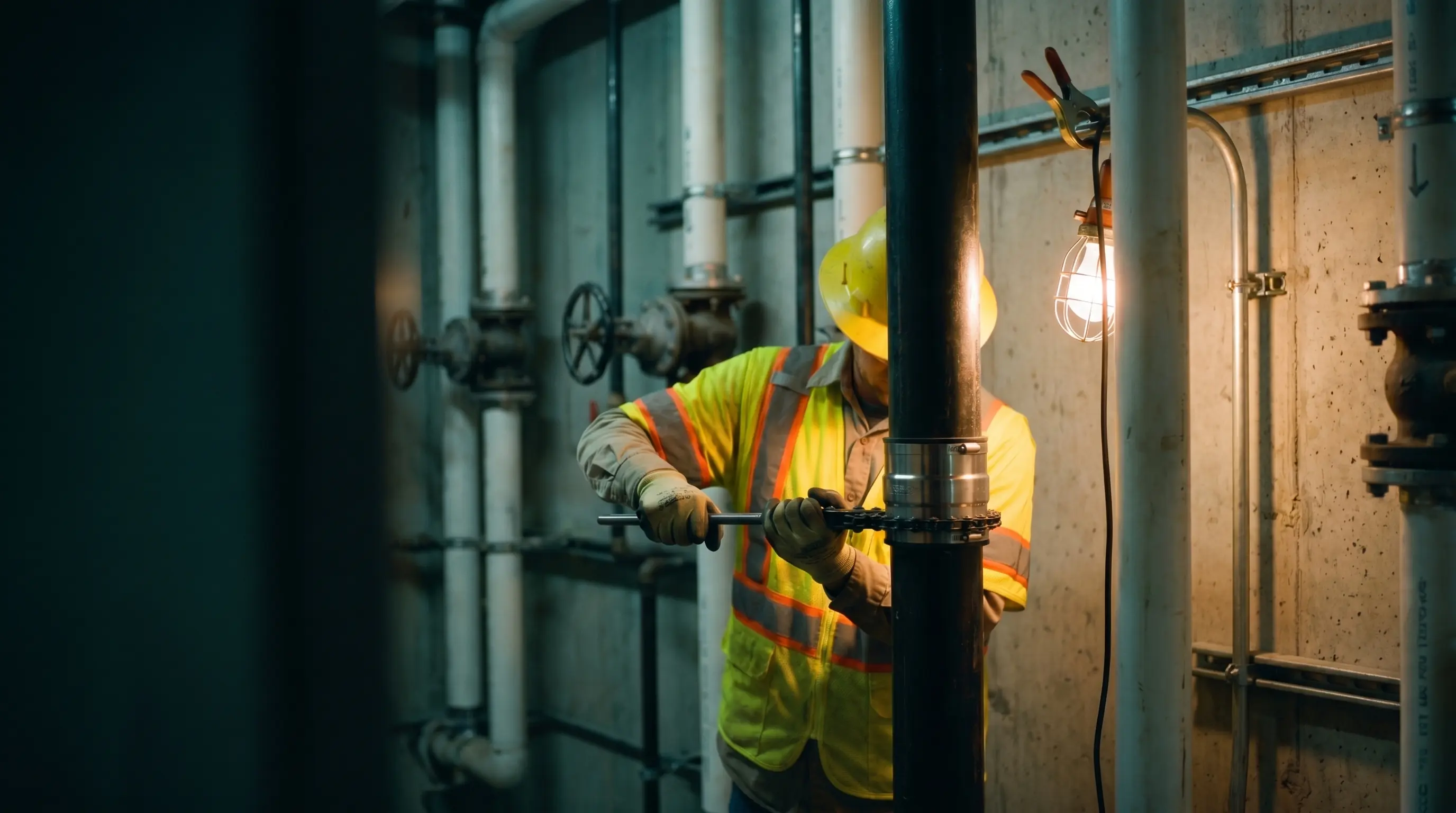 Plumber in a high-visibility vest and hard hat working on a black pipe in an industrial basement.