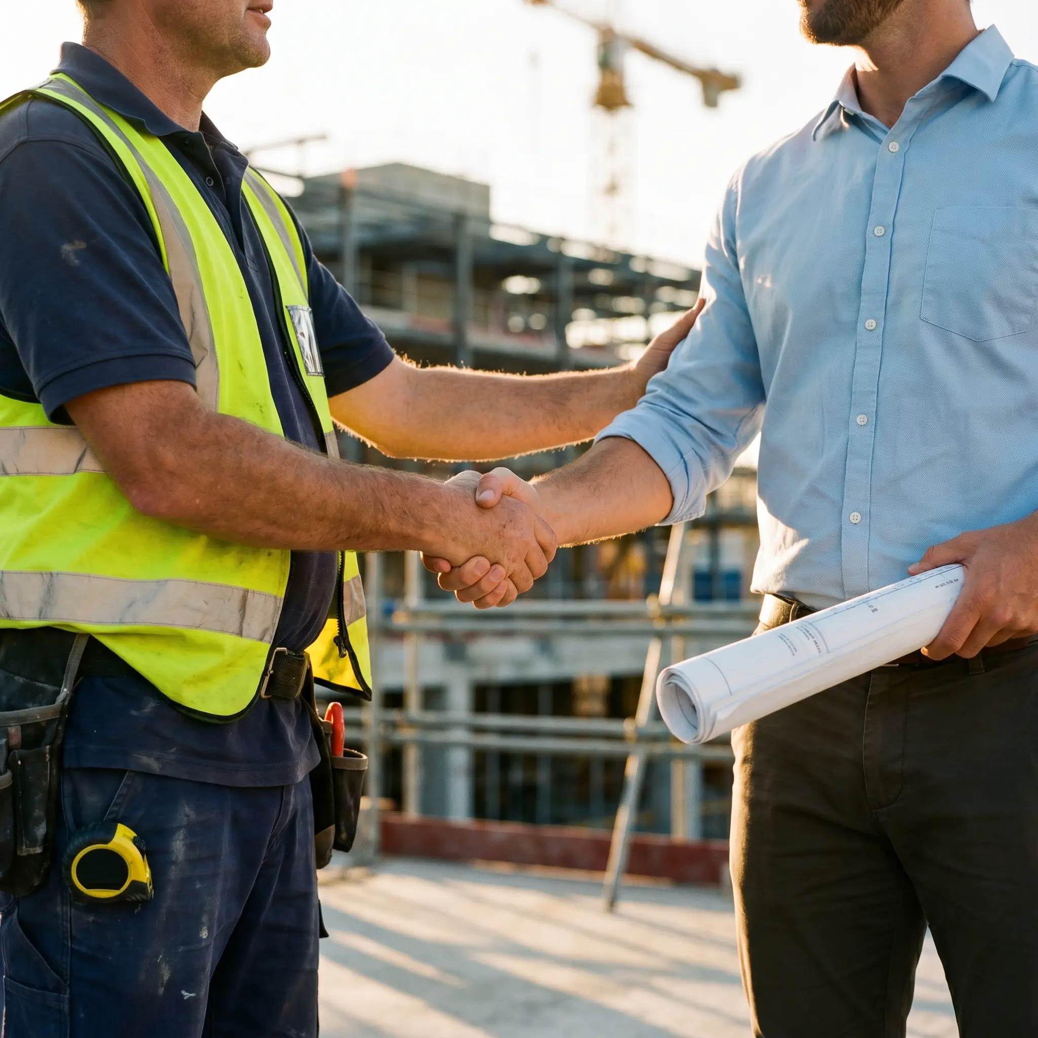 Construction worker and man with blueprints shaking hands at a building site with scaffolding.