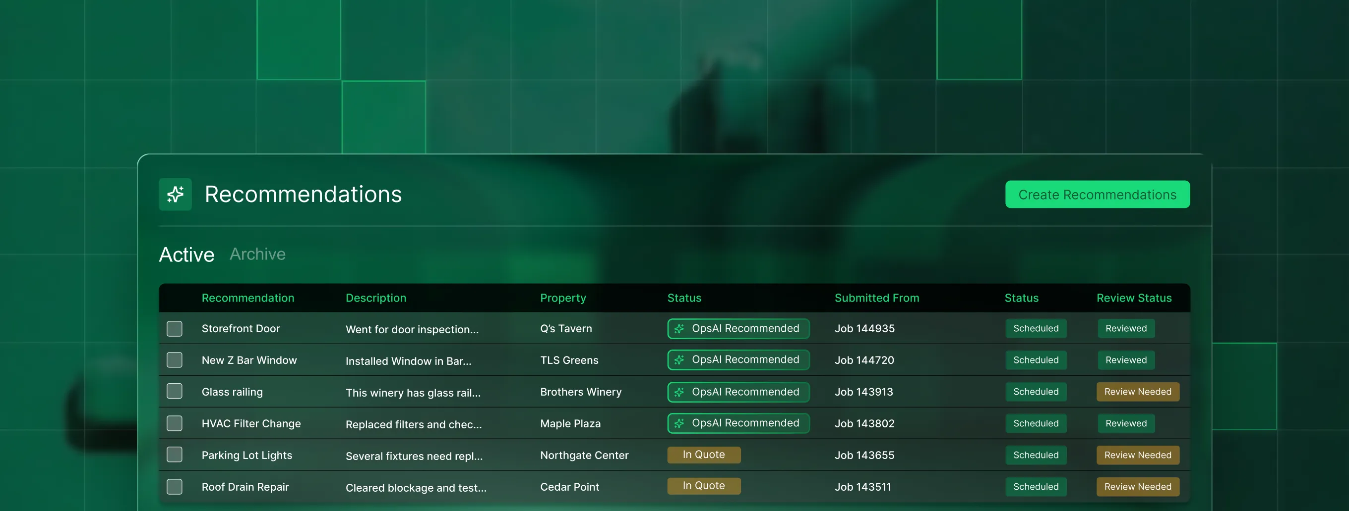 Dashboard showing active property maintenance recommendations with status and review labels.