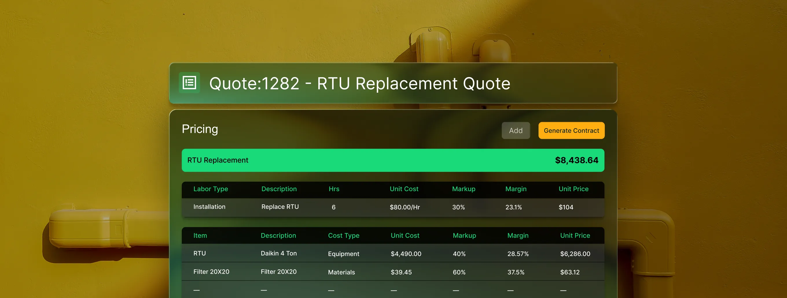 Quote for RTU Replacement with pricing details for labor and materials totaling $8,438.64.