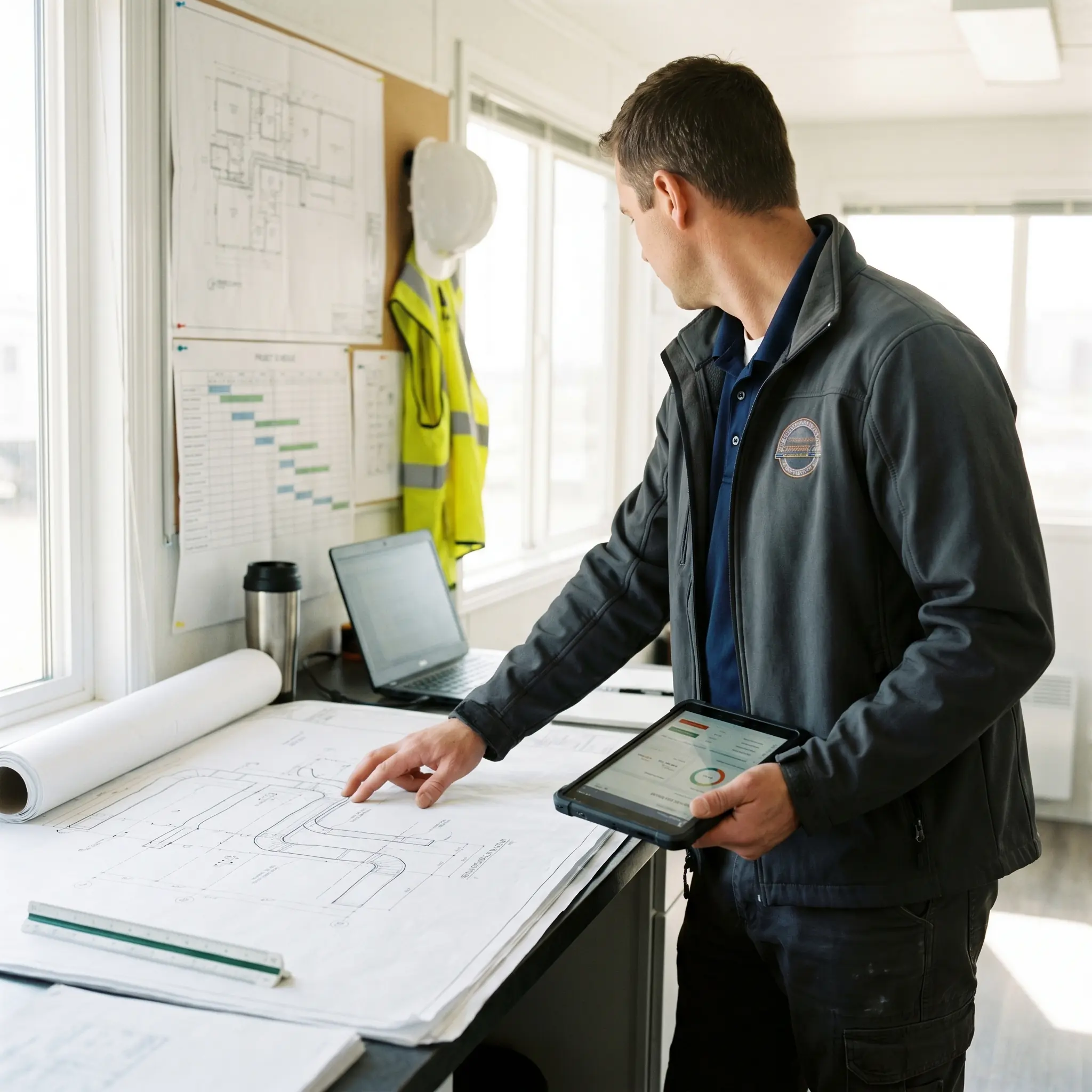 Man in jacket reviewing construction blueprints on a table while holding a tablet in a bright office.
