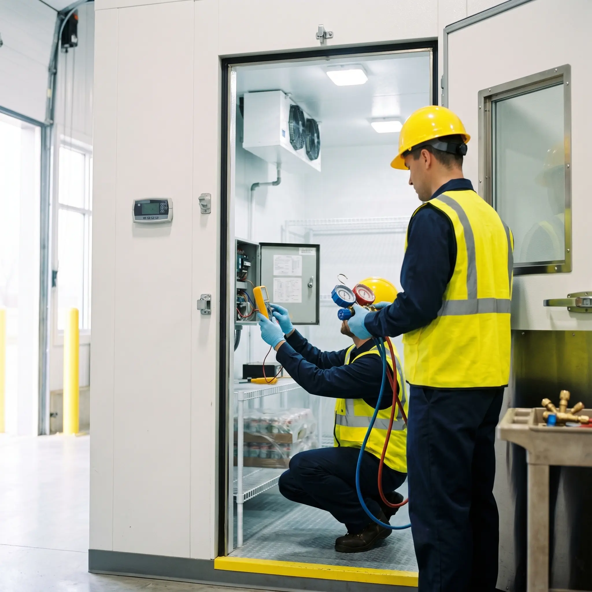 Two technicians in safety vests and helmets inspecting refrigeration unit with gauges and multimeter.