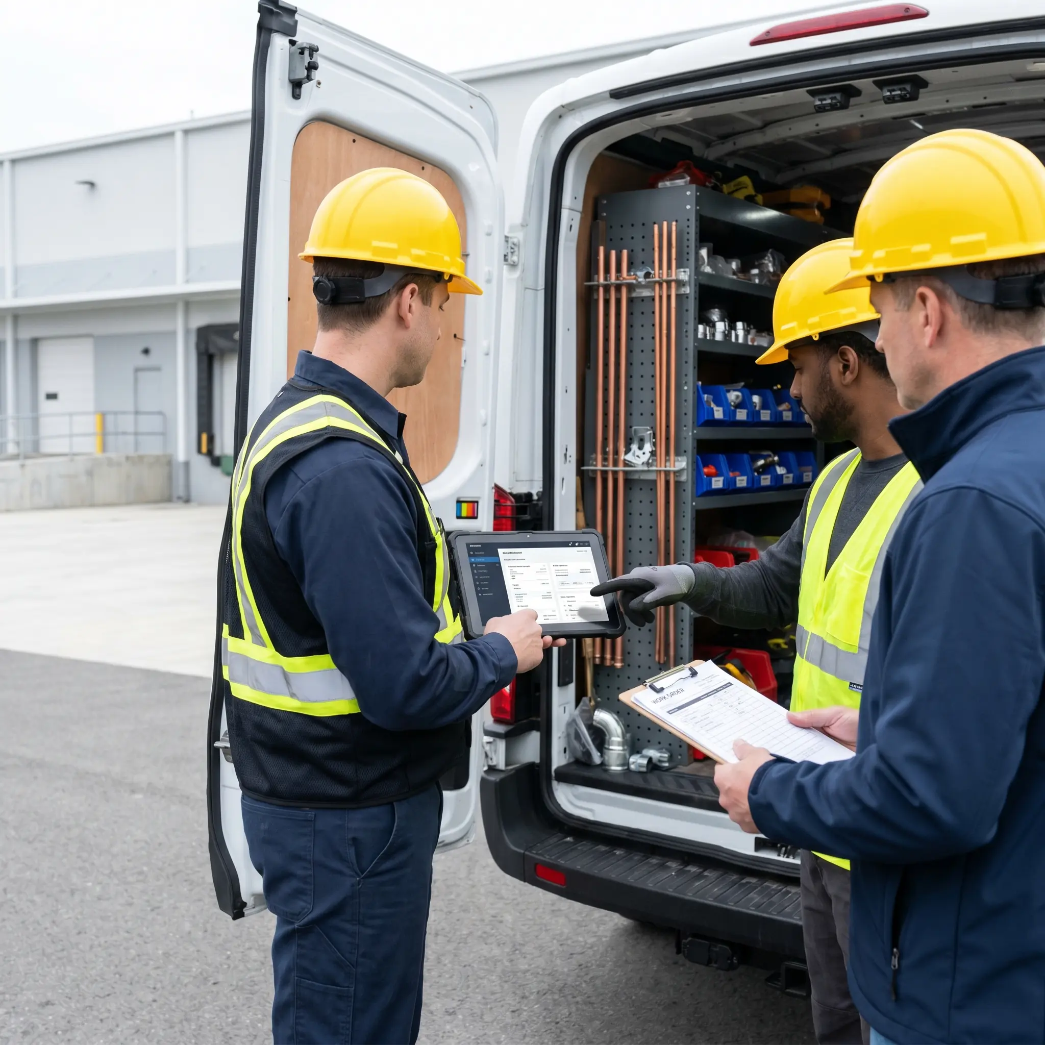 Three construction workers in hard hats checking tablet and clipboard by an open work van.