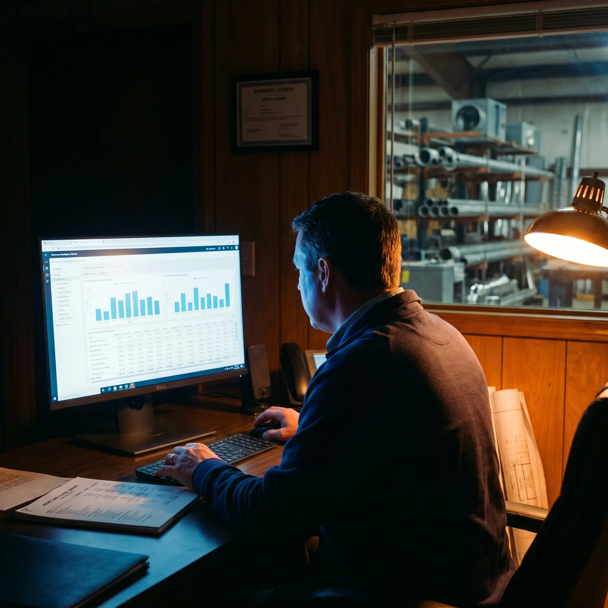Man analyzing bar charts and data on a computer screen in a dim office with industrial shelves outside.