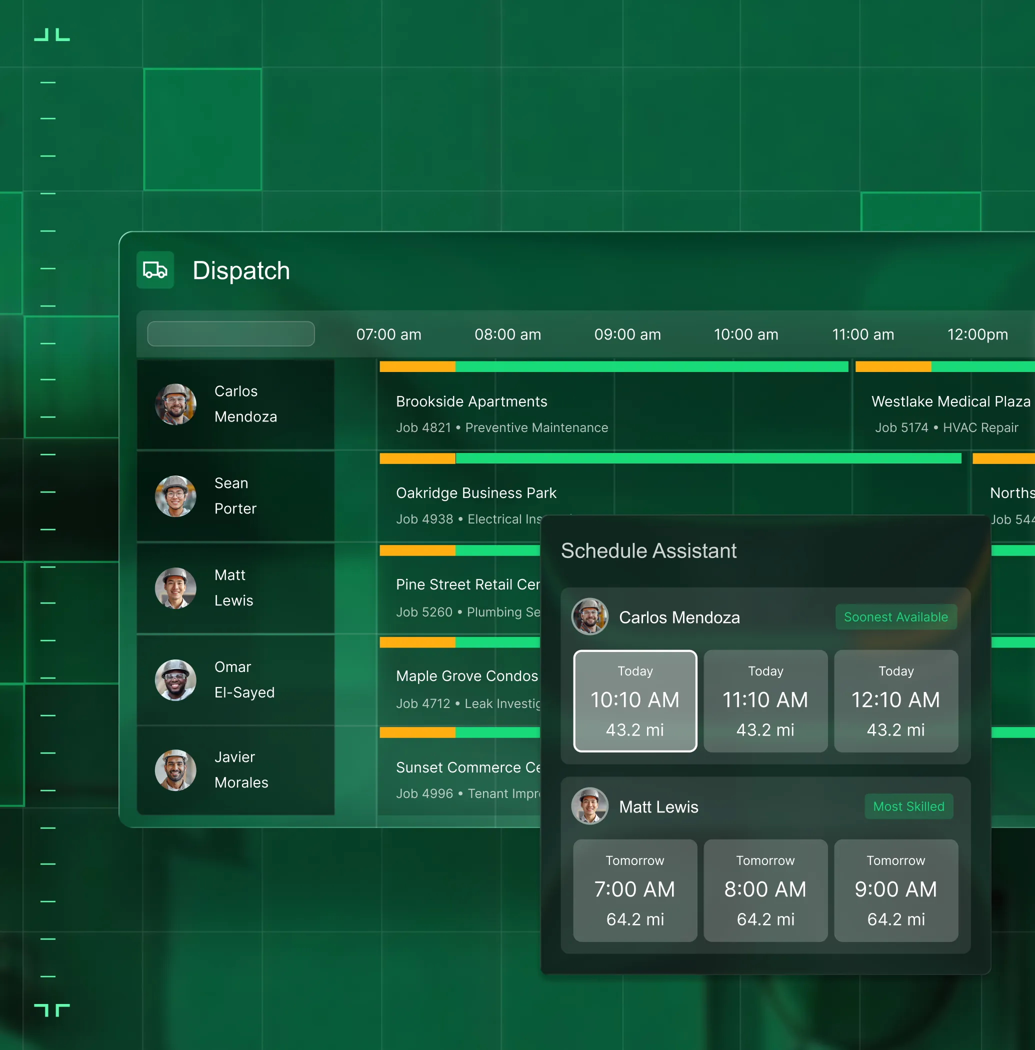 Dispatch scheduling interface showing technician tasks and a schedule assistant with times and distances.