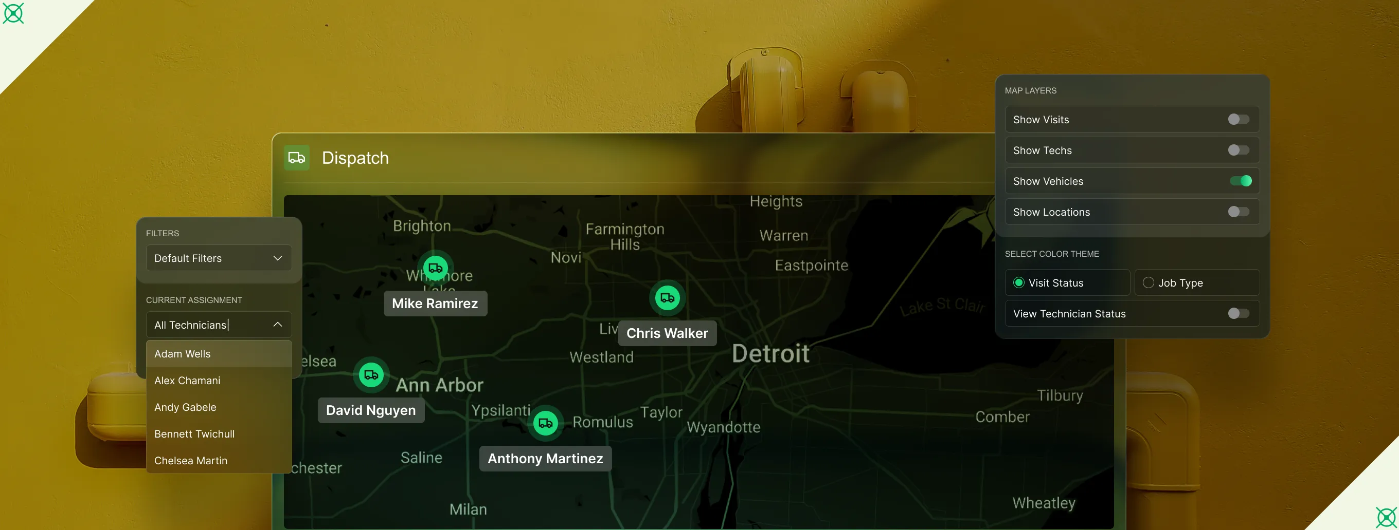 Dispatch map showing technician locations near Detroit with filters for visits, techs, vehicles, and locations.