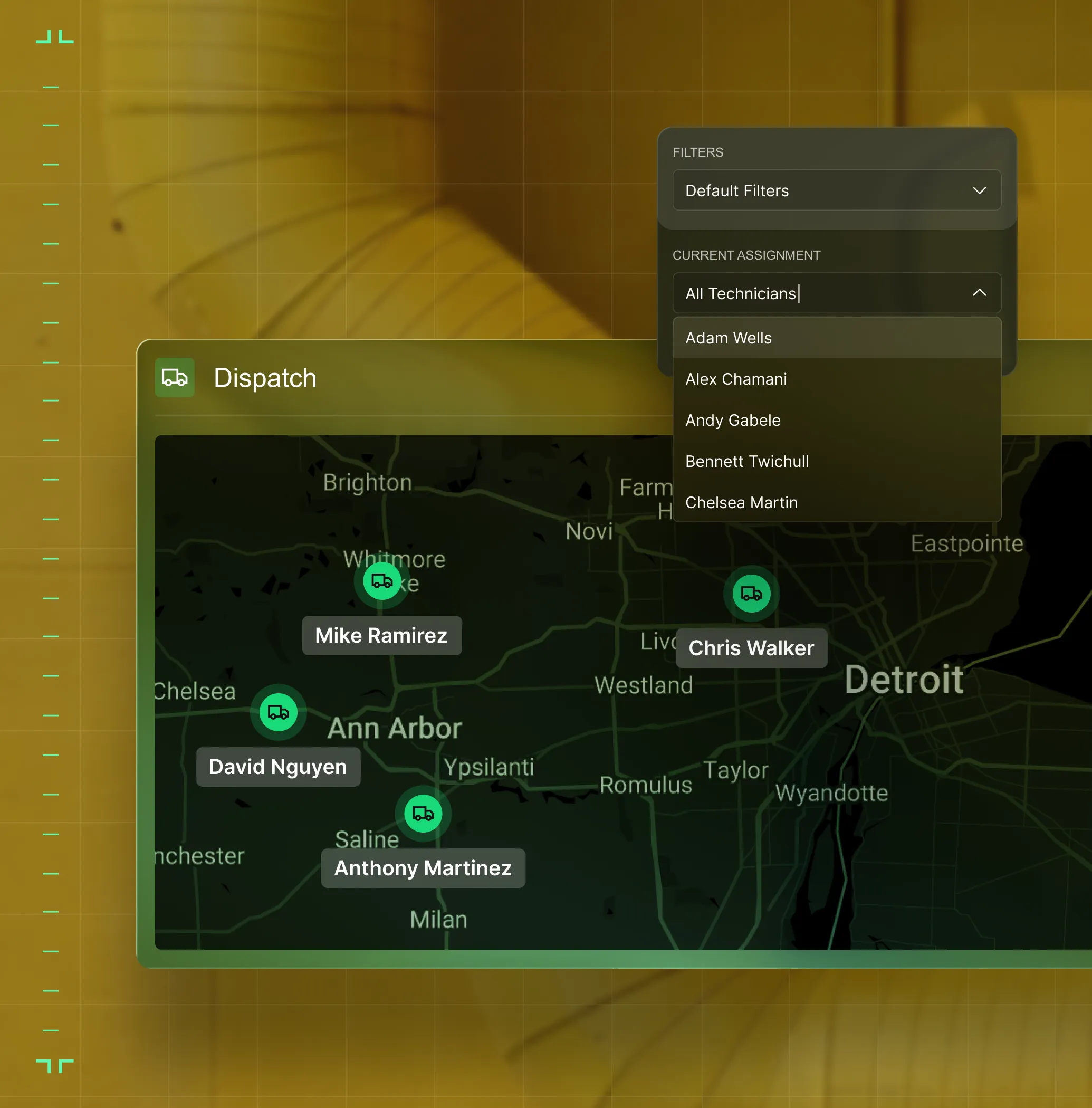 Dispatch map showing technician locations near Detroit including Mike Ramirez and Chris Walker.