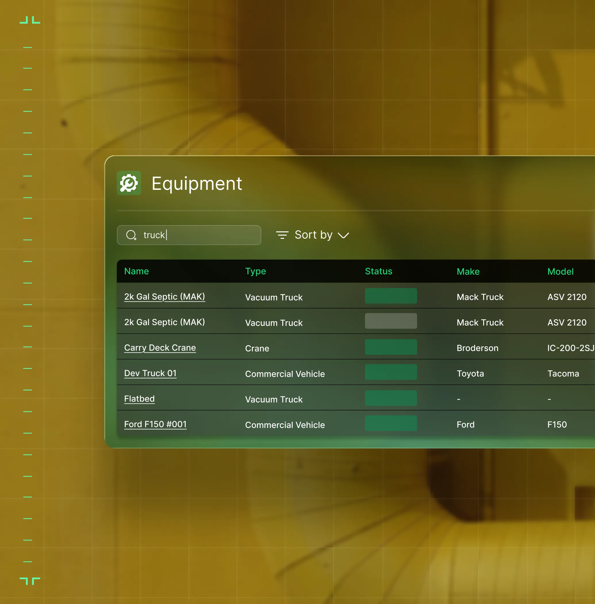 Equipment list screen showing filtered trucks with names, types, status, makes, and models.