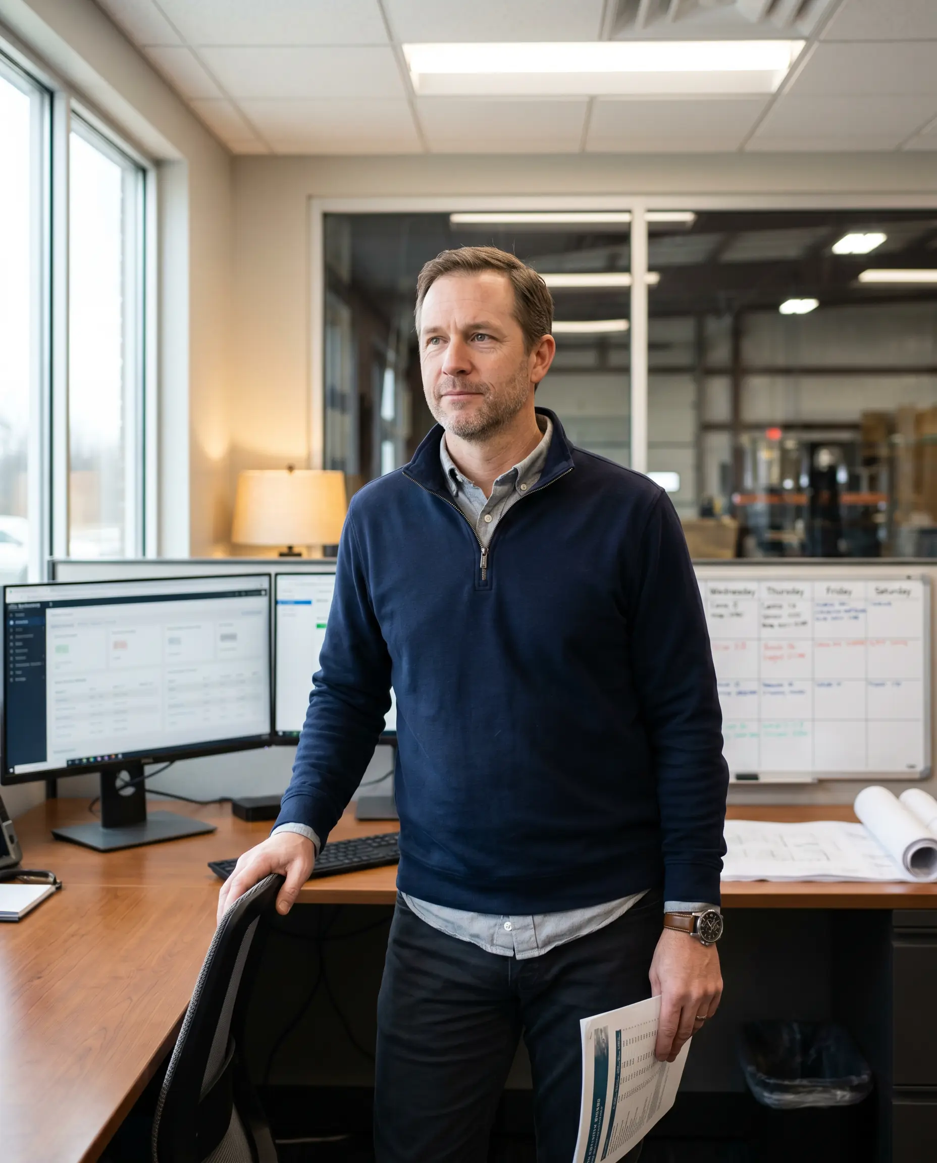 Man in a navy sweater standing in an office near a desk with dual monitors and a whiteboard.