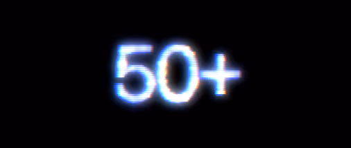 White glowing text reading '50+' on a black background.