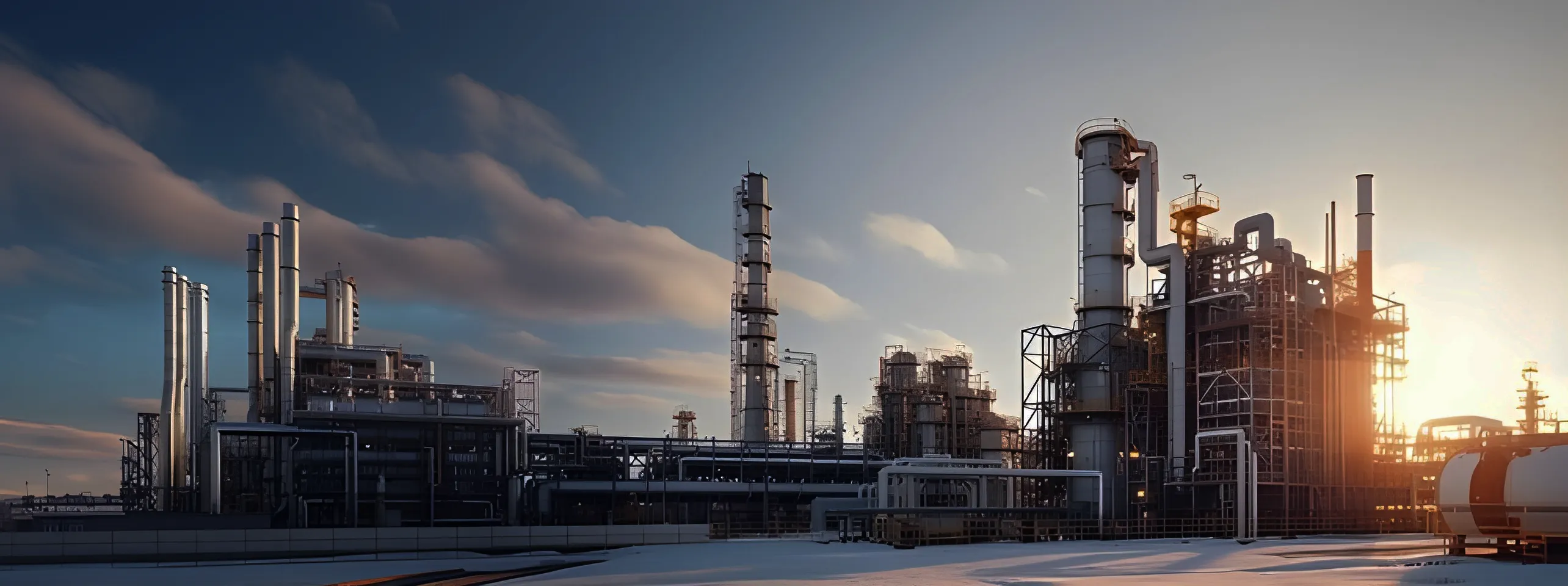 Wide view of an industrial refinery plant with tall metal towers under a partly cloudy sky at sunset.