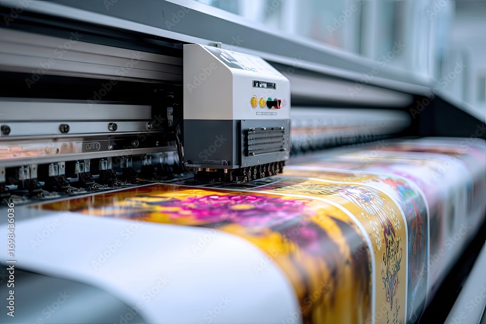 Large digital printer producing colorful printed sheets with floral and decorative designs.