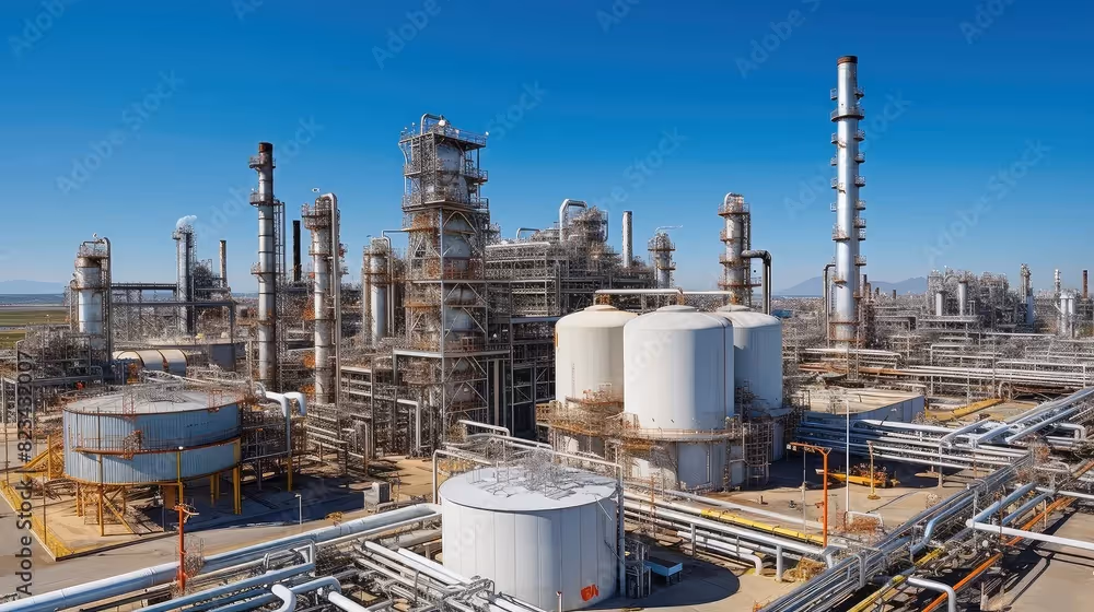 Large industrial petrochemical plant with storage tanks, pipelines, and tall distillation towers under a clear blue sky.