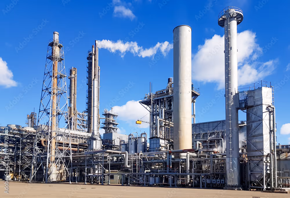 Large chemical plant with tall industrial towers and pipes under a clear blue sky with some clouds.