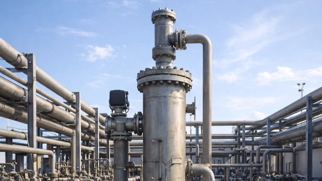Industrial plant with interconnected metal pipes and large cylindrical equipment under a blue sky.