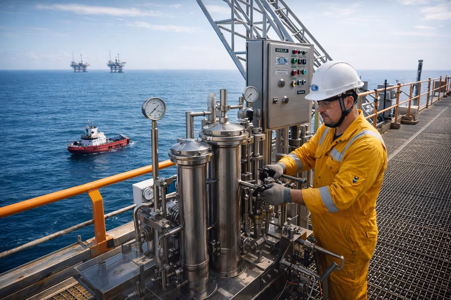 Oil rig worker in yellow safety gear operating valves on industrial equipment with ocean and oil platforms in the background.