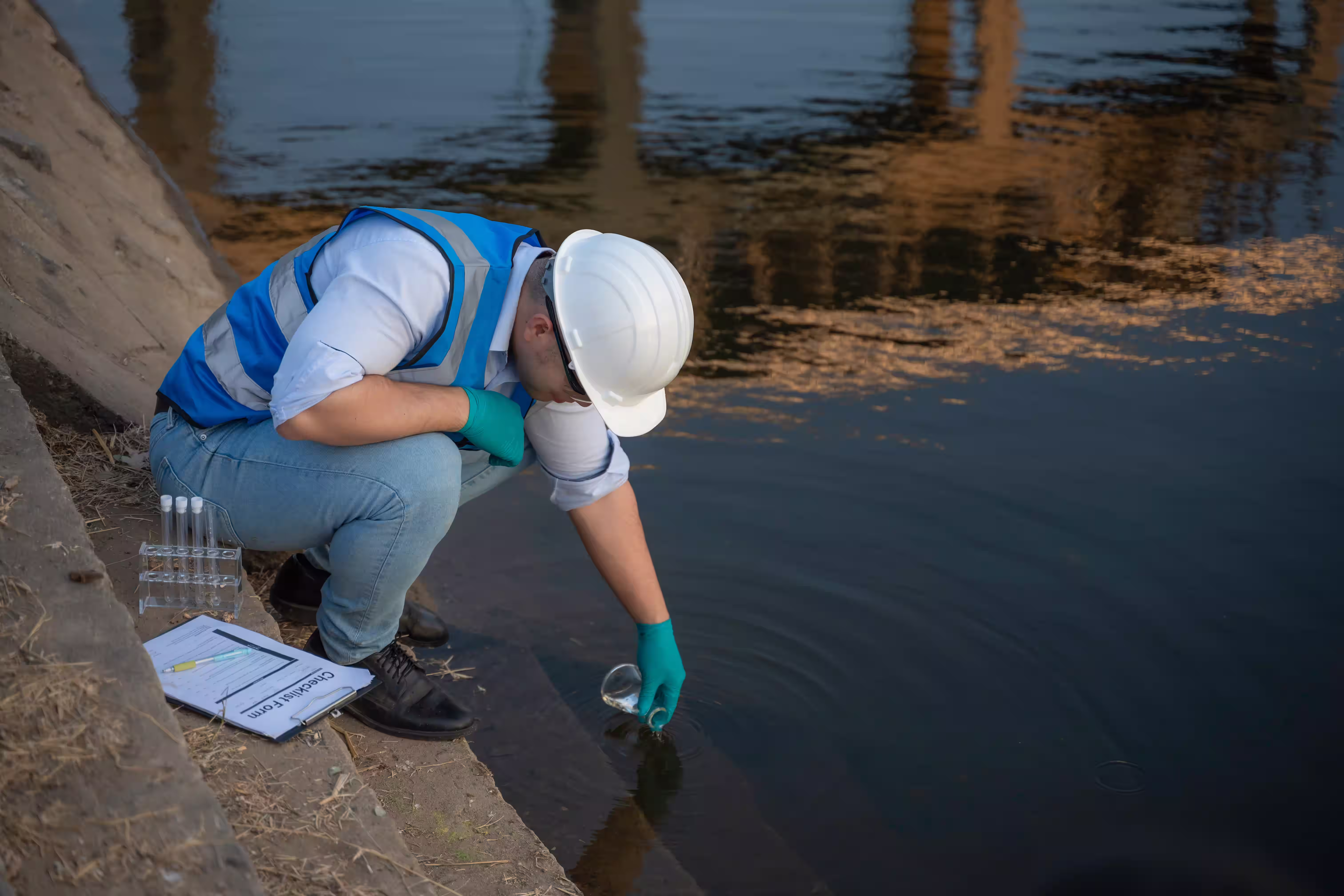 Environmental scientist in blue vest and white helmet collecting water sample from riverbank.