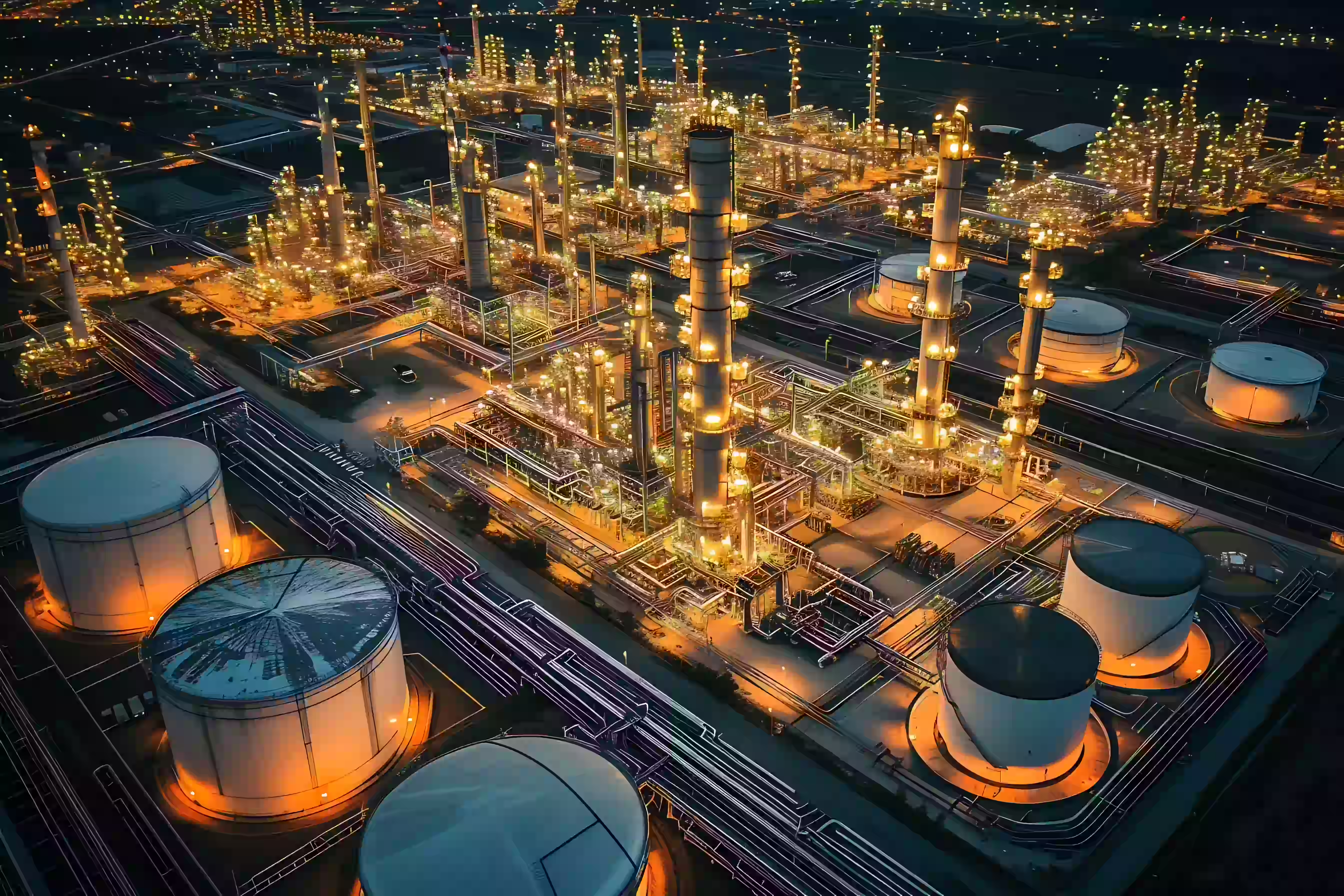 Aerial night view of an illuminated industrial oil refinery with large storage tanks and tall processing towers connected by pipelines.