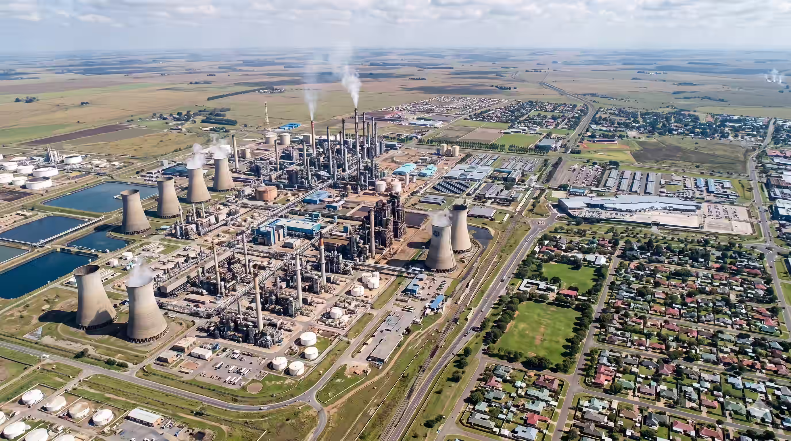 Aerial view of an industrial complex with cooling towers emitting steam next to a residential neighborhood and open farmland.