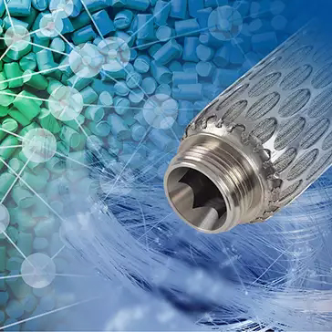 Close-up of a textured metal pipe nozzle against a background of blue and green polymer pellets and interconnected molecular structures.