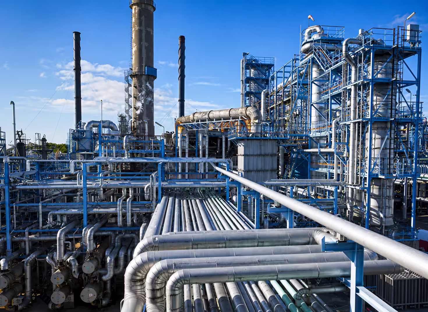 Industrial refinery plant with large metal pipes, tanks, and chimneys under a clear blue sky.